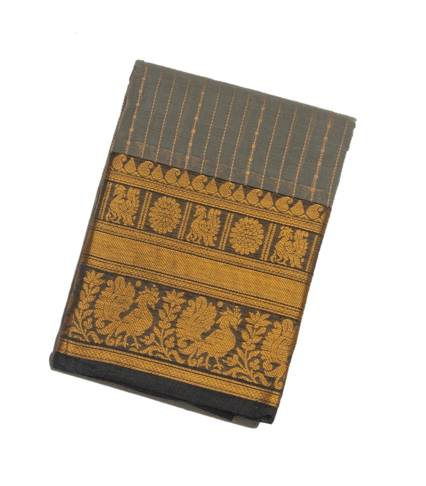 RmKV Grey Handloom Chettinad Cotton Saree With Zari Stripes