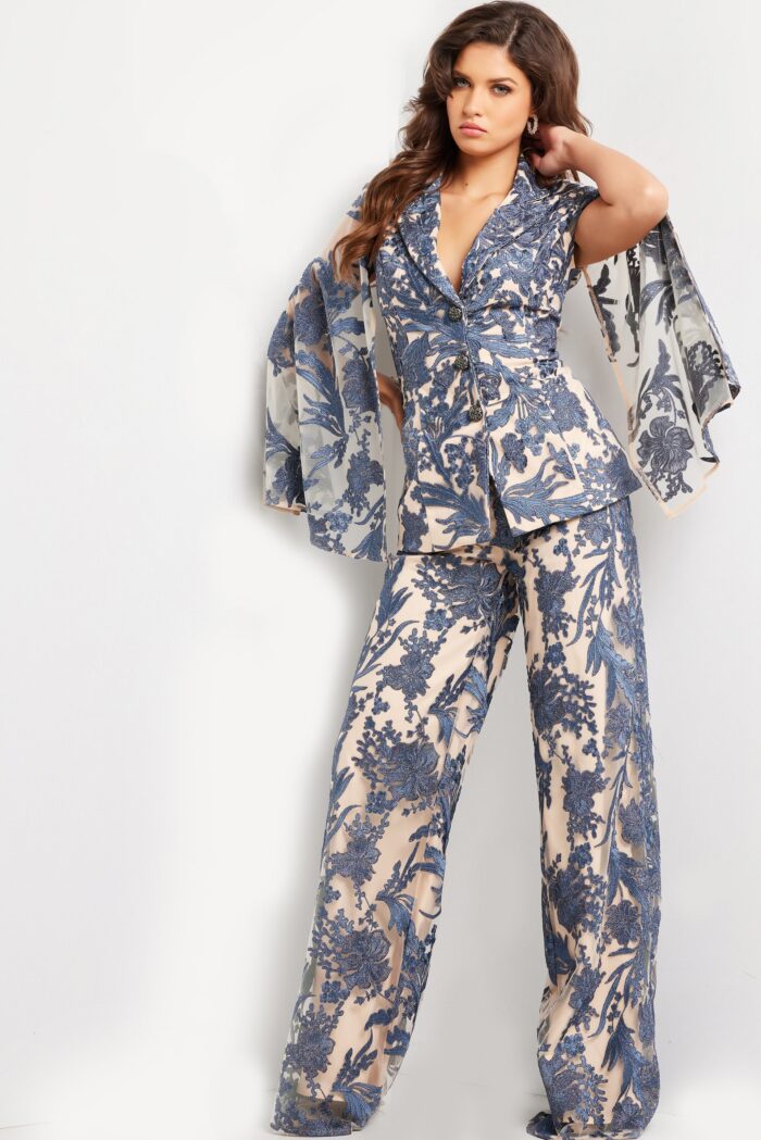 Jovani 25805 Long Two Piece Formal Pant Suit – Navy/Nude - view 3