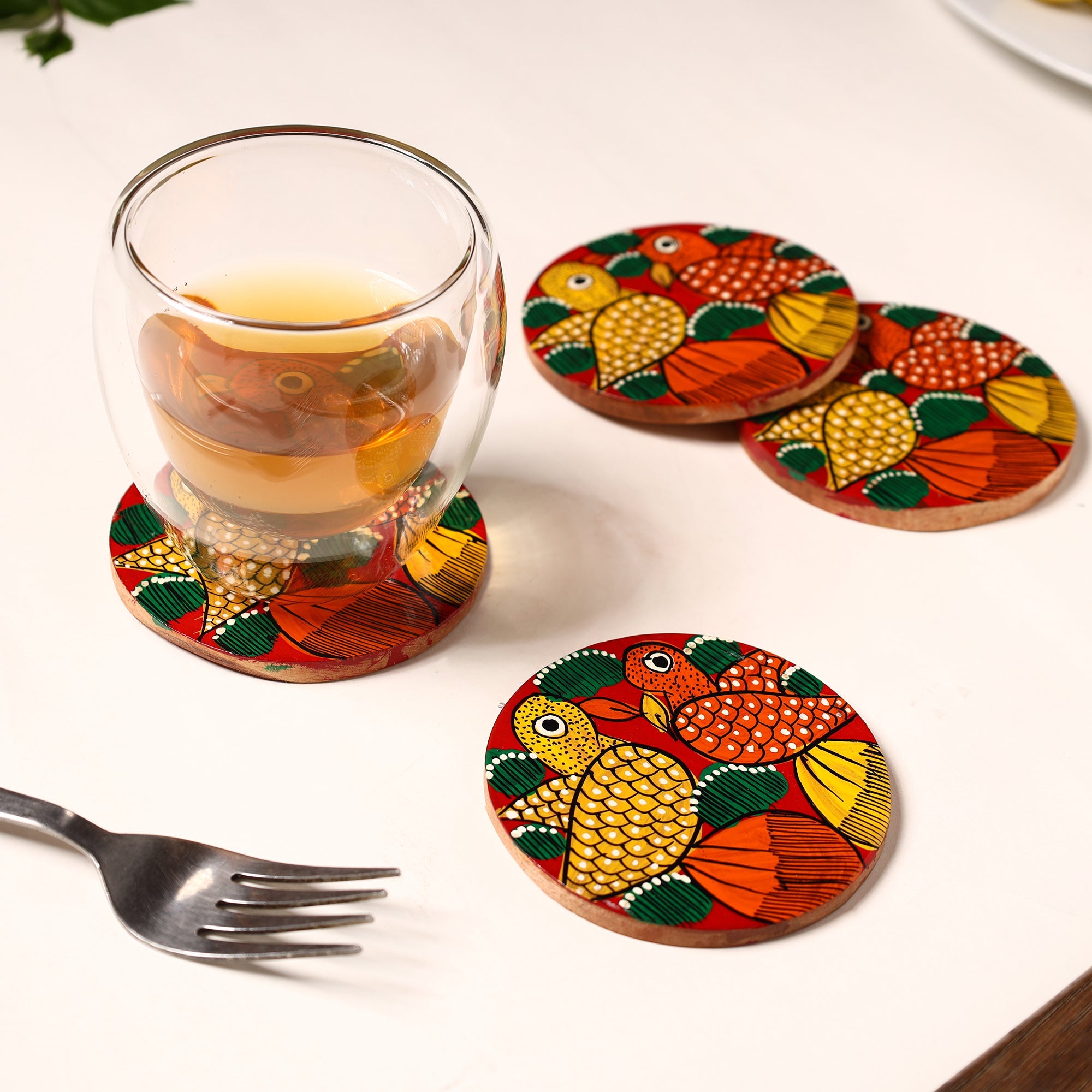 ITOKRI CRAFTS INITIATIVE Bengal Patua Handpainted Akashmoni Wooden Coasters (Set of 4) 14 - view 3