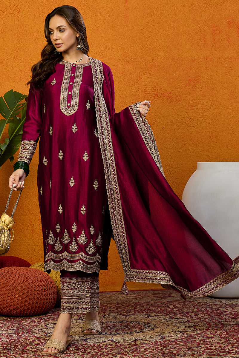 Ahika Maroon Silk Blend Solid Embroidered Straight Suit Set PKSKD2442 - view 3