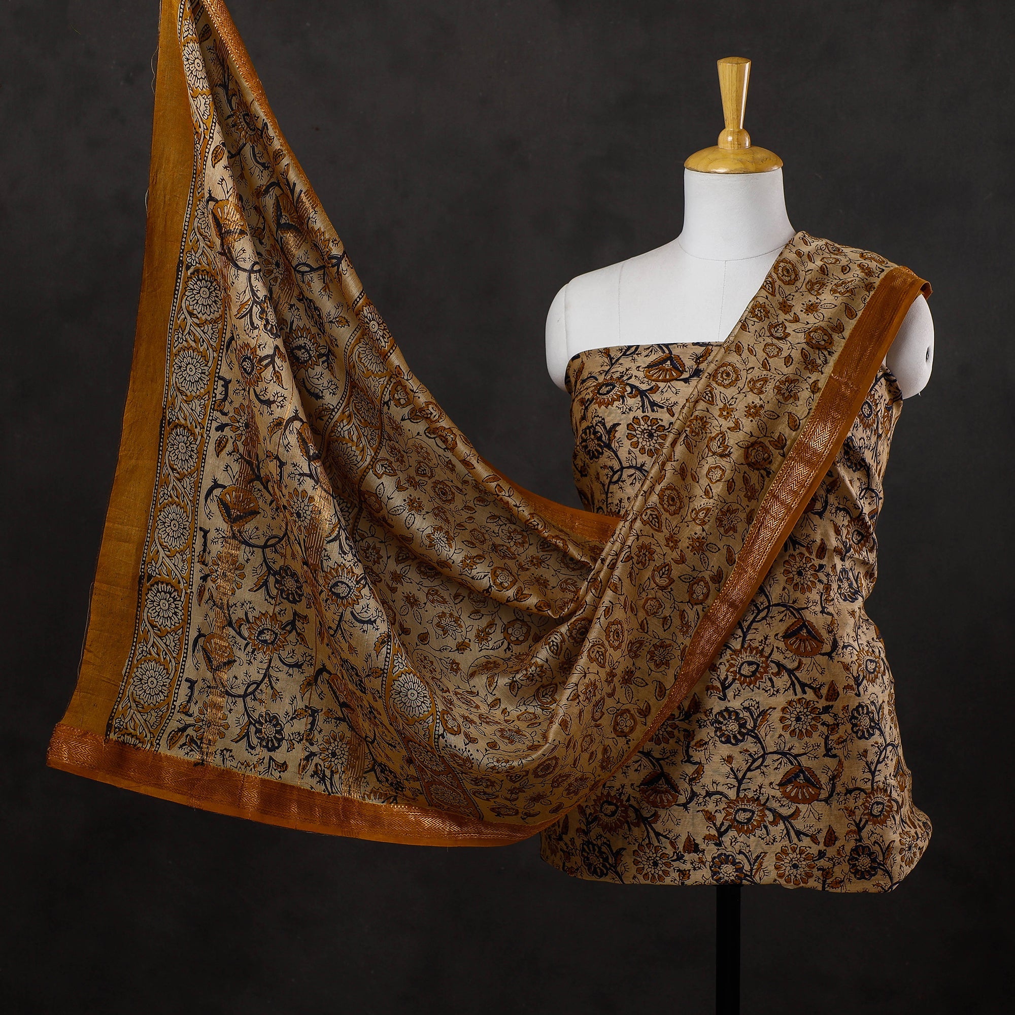 ARTISAN HAND BLOCK PRINTS 3pc Sanganeri Block Printed Maheshwari Silk Suit Material Set