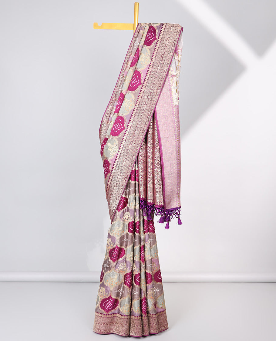Pothys Multi-colored ogee design semi-banaras dola silk saree with contrast intricate zari border & ogee zari design pallu
