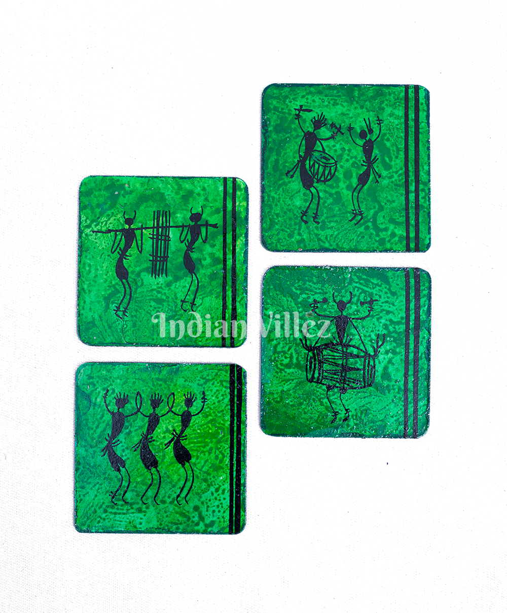 IndianVillèz Saura Art Themed Hand Painted Tray with Coasters