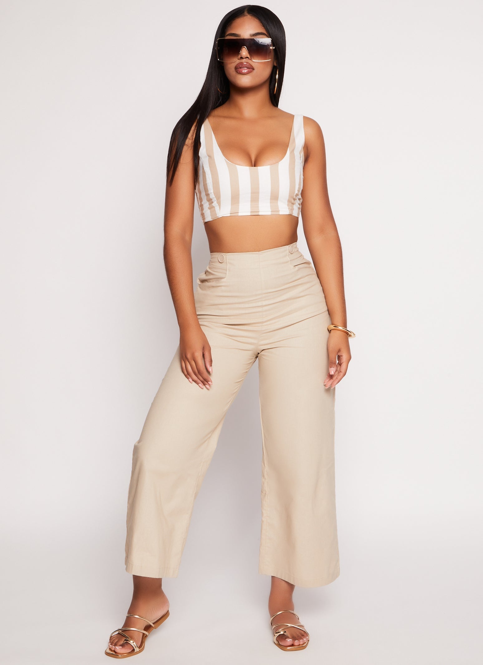 Rainbow Shops Button Detail High Waist Ankle Pants
