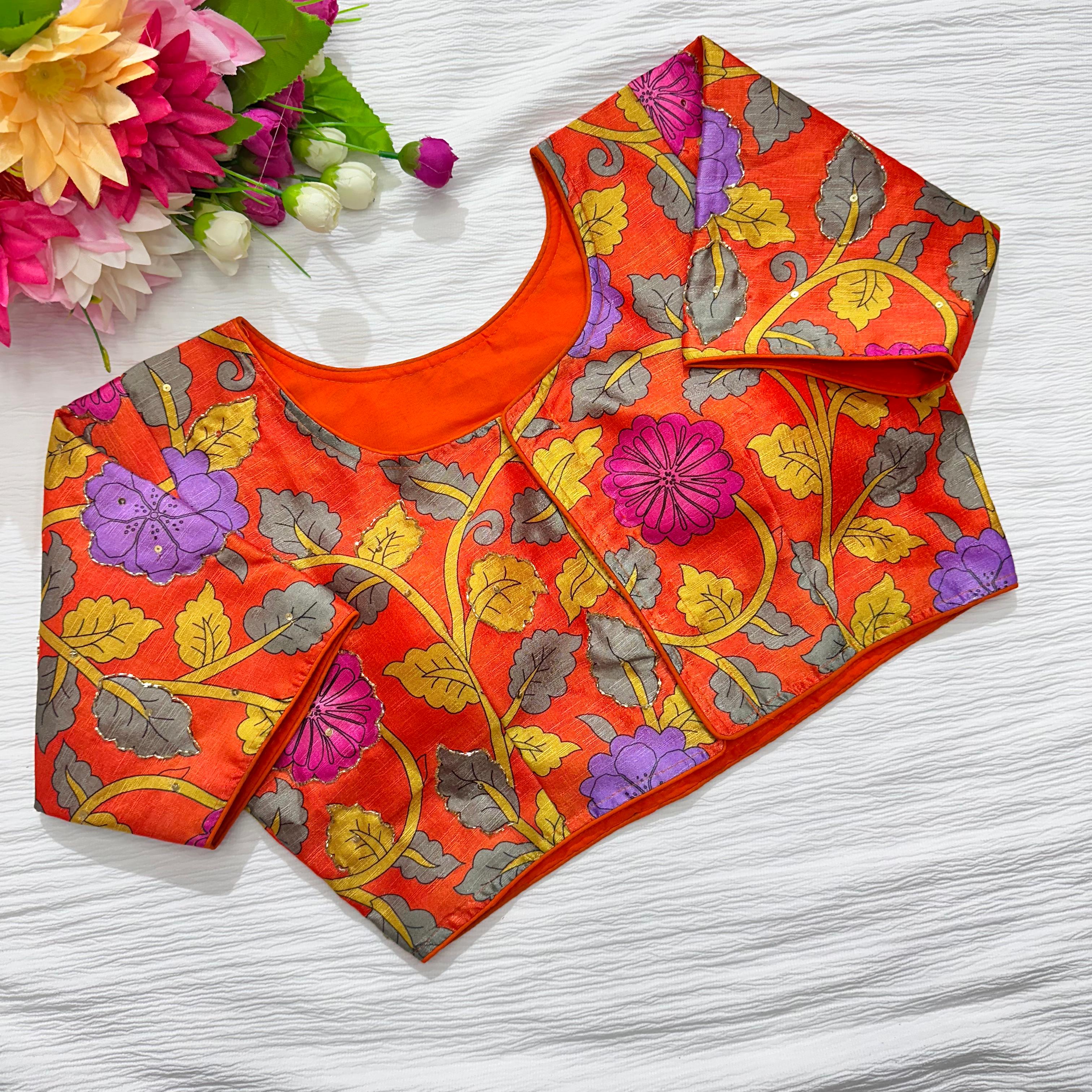 ClothsVilla Orange Pure Silk Blouse with Antique Handcrafted Detailing