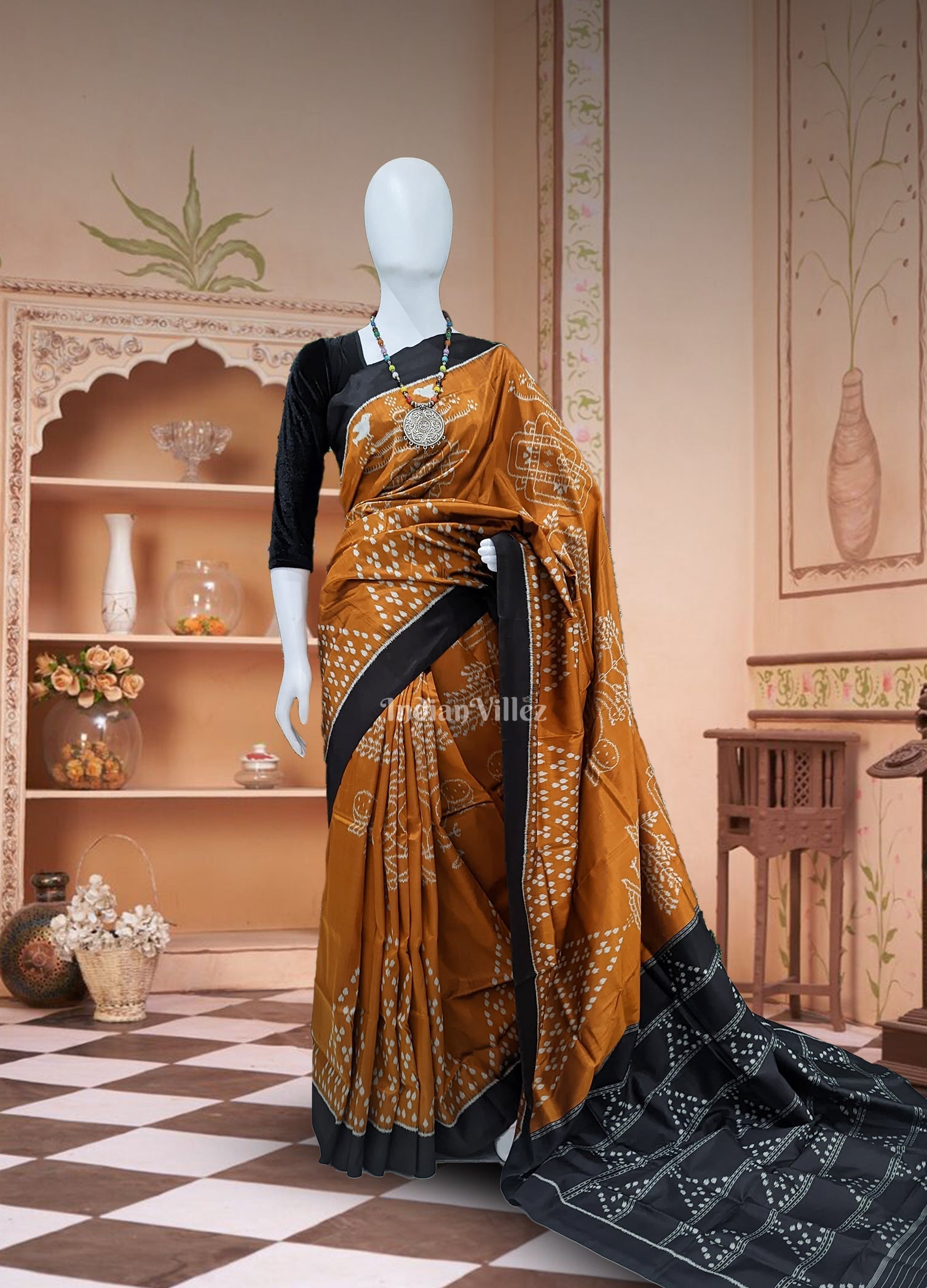 IndianVillèz Deep Orange Odisha Ikat Jhoti Designer Contemporary Silk Saree