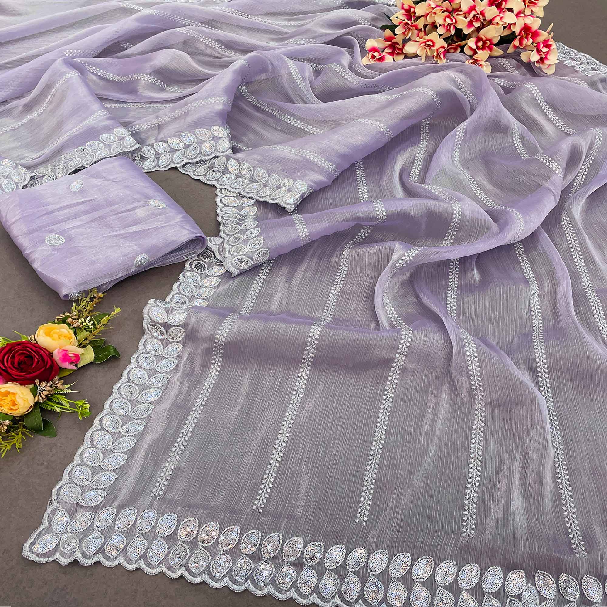 Peachmode Lavender Sequins Embroidered Chiffon Silk Saree
