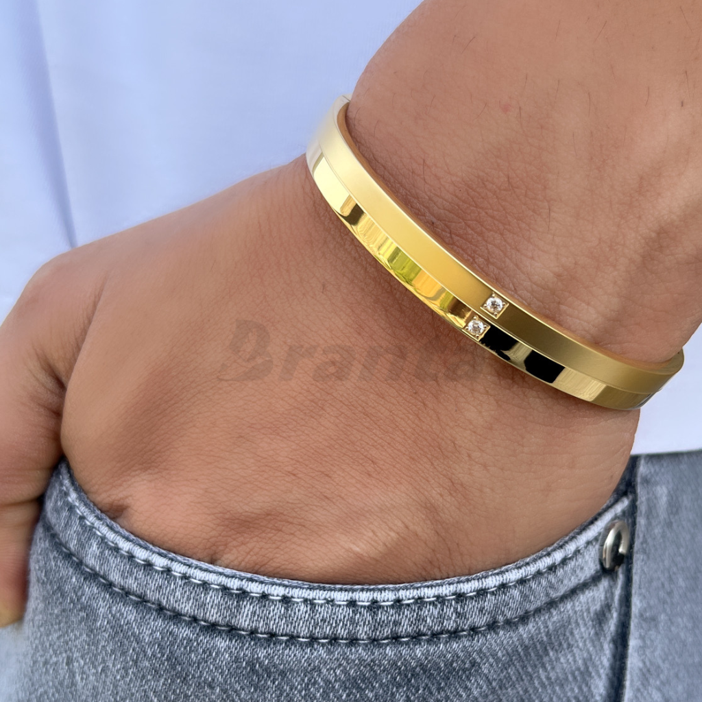 Branta Matte Shiny Gold Bracelet For Men With Two Diamonds - view 2