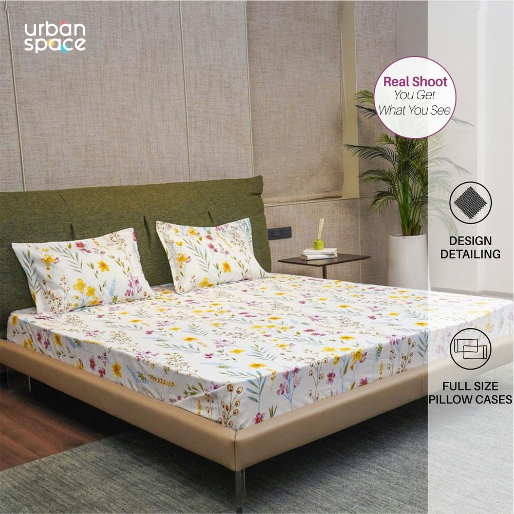 Urban Space -Home Furnishing Store Serene Collection - Breathable 200 TC 100% Pure Cotton Single Bedsheet with Pillow Cover, France- Yellow - view 2