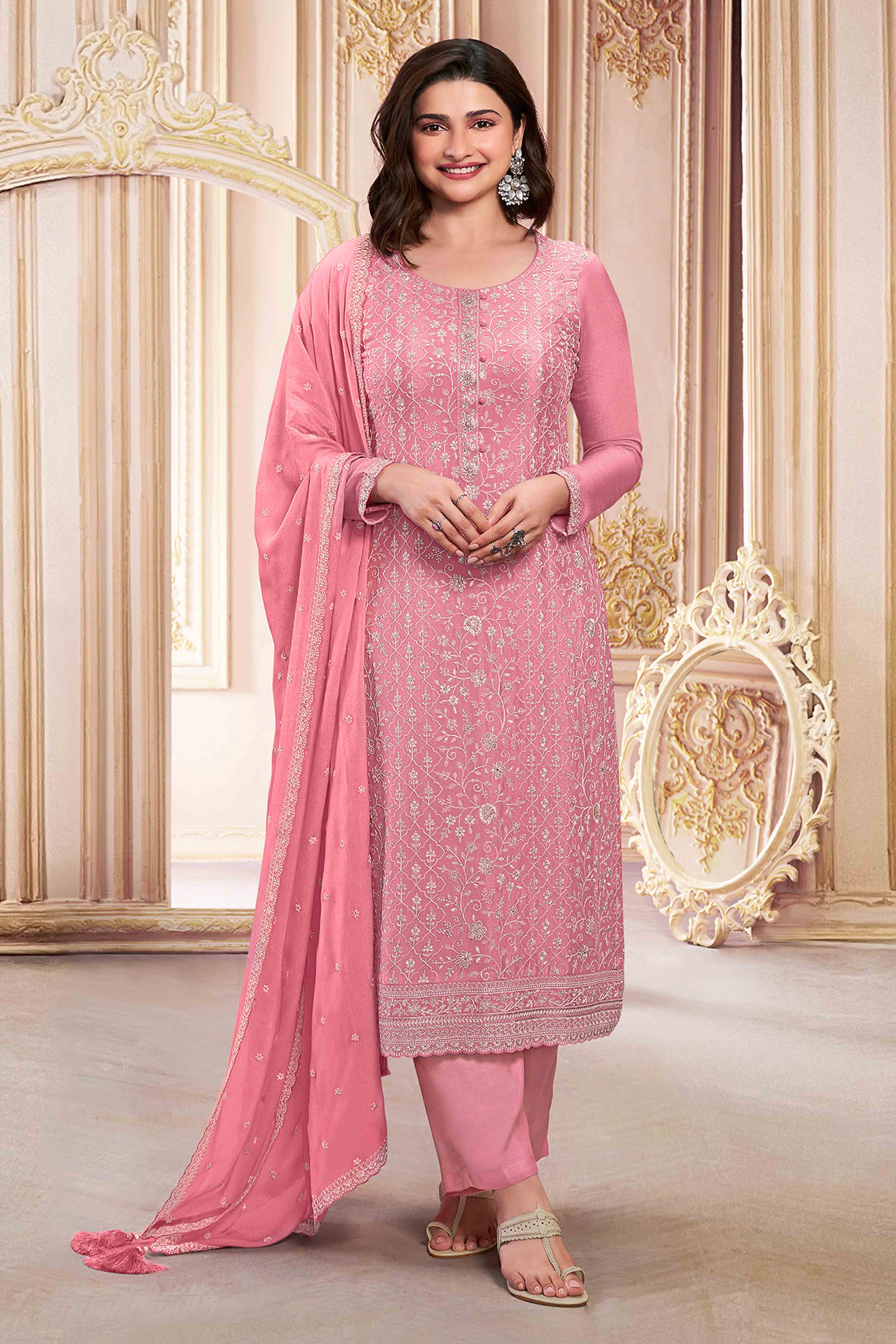 Peachmode Gajari Pink Floral Sequins Embroidery Georgette Semi Stitched Salwar Suit