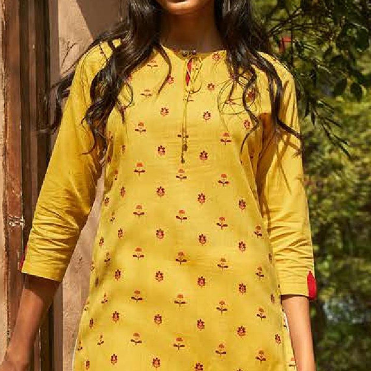 Peachmode Imposing Yellow Colored Casual Wear Embroidered Cotton Kurti With Bottom - view 2