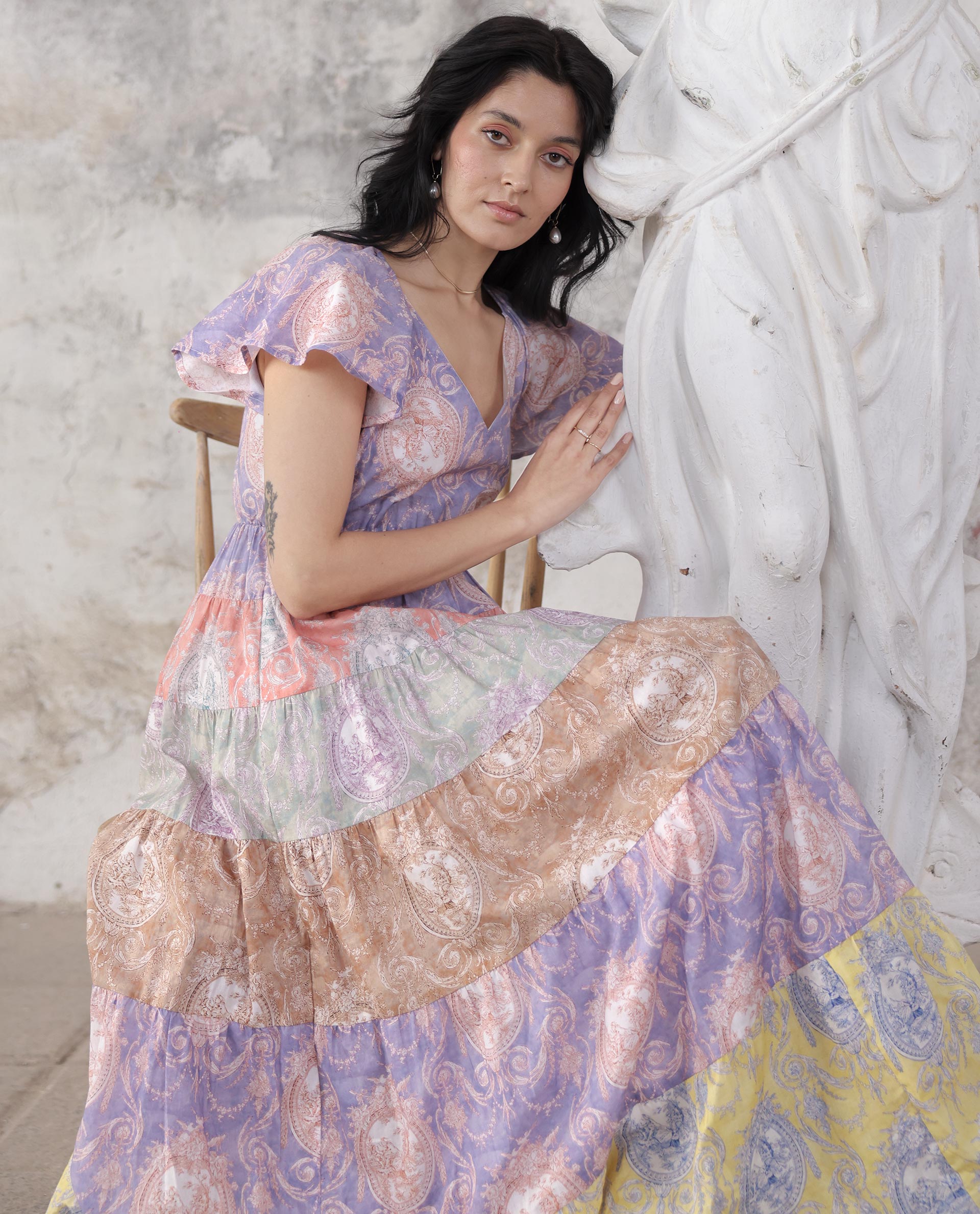 Rareism Women Grubin Multi Cotton Fabric Short Sleeves V-Neck Raglan Sleeve Fit And Flare Ornamental Print Maxi Dress - view 2