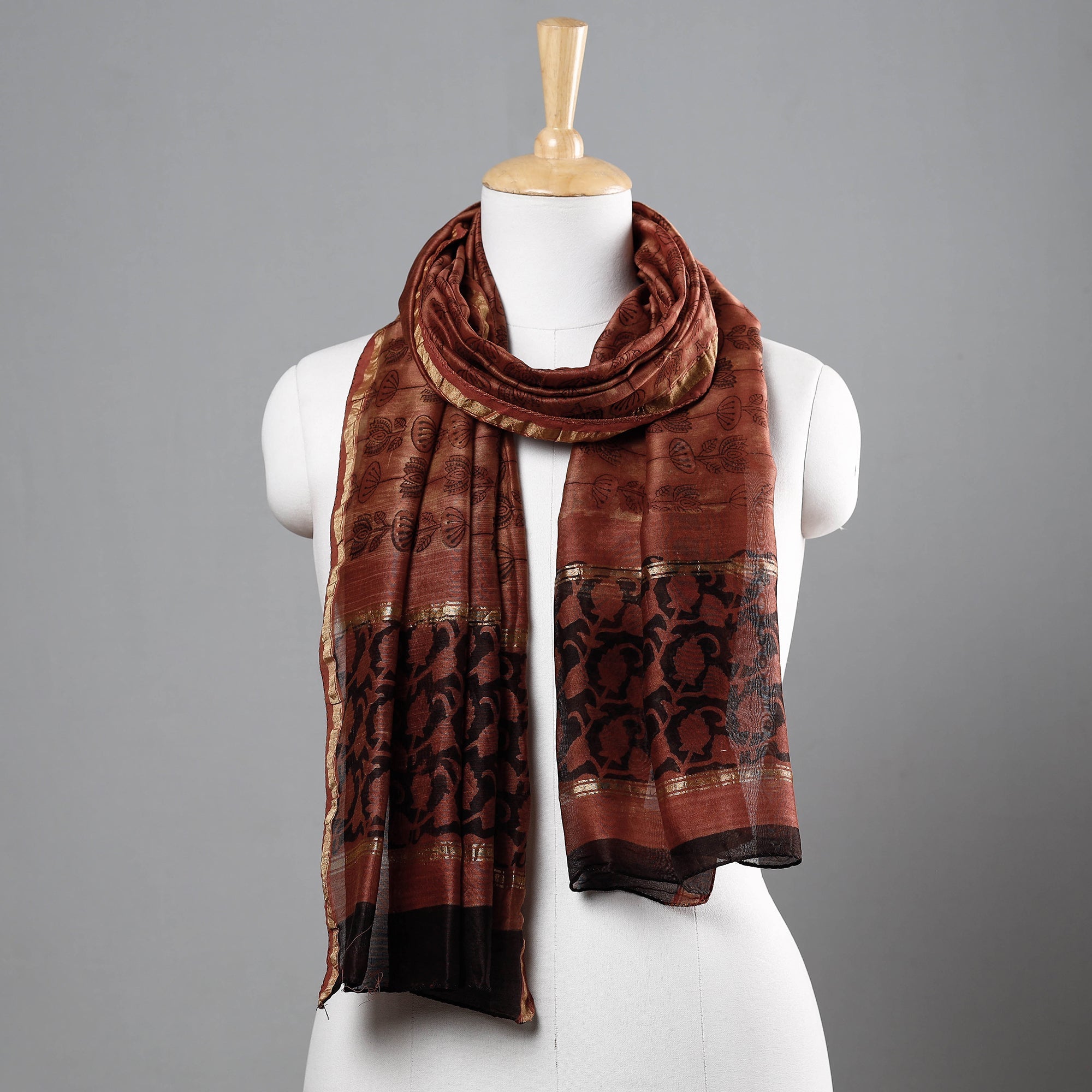 BAGRU DABU PRINTS Brown - Bagru Block Printed Chanderi Silk Handloom Stole with Zari Border