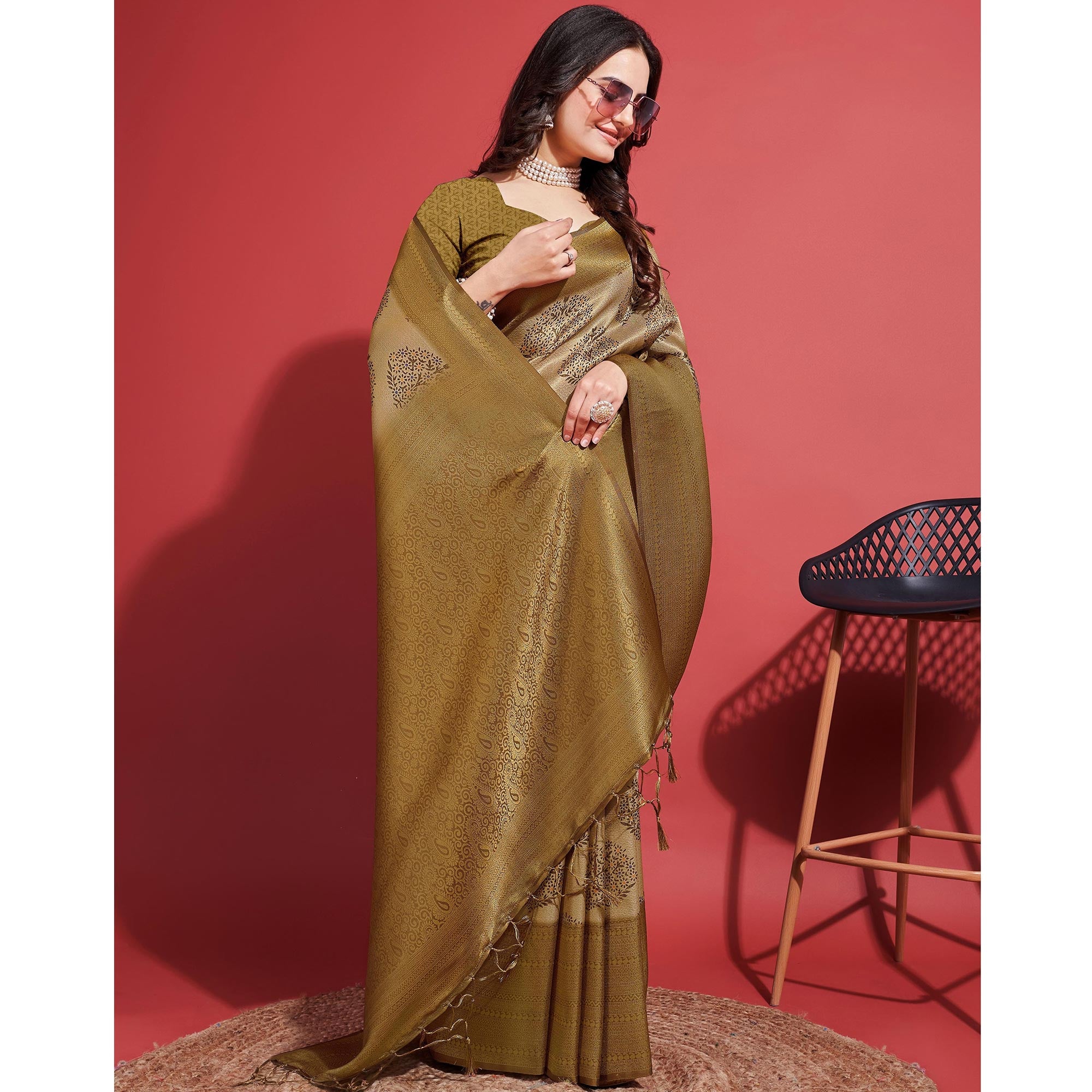 Peachmode Dark Mustard Floral Digital Printed With Woven Banarasi Silk Saree - view 5
