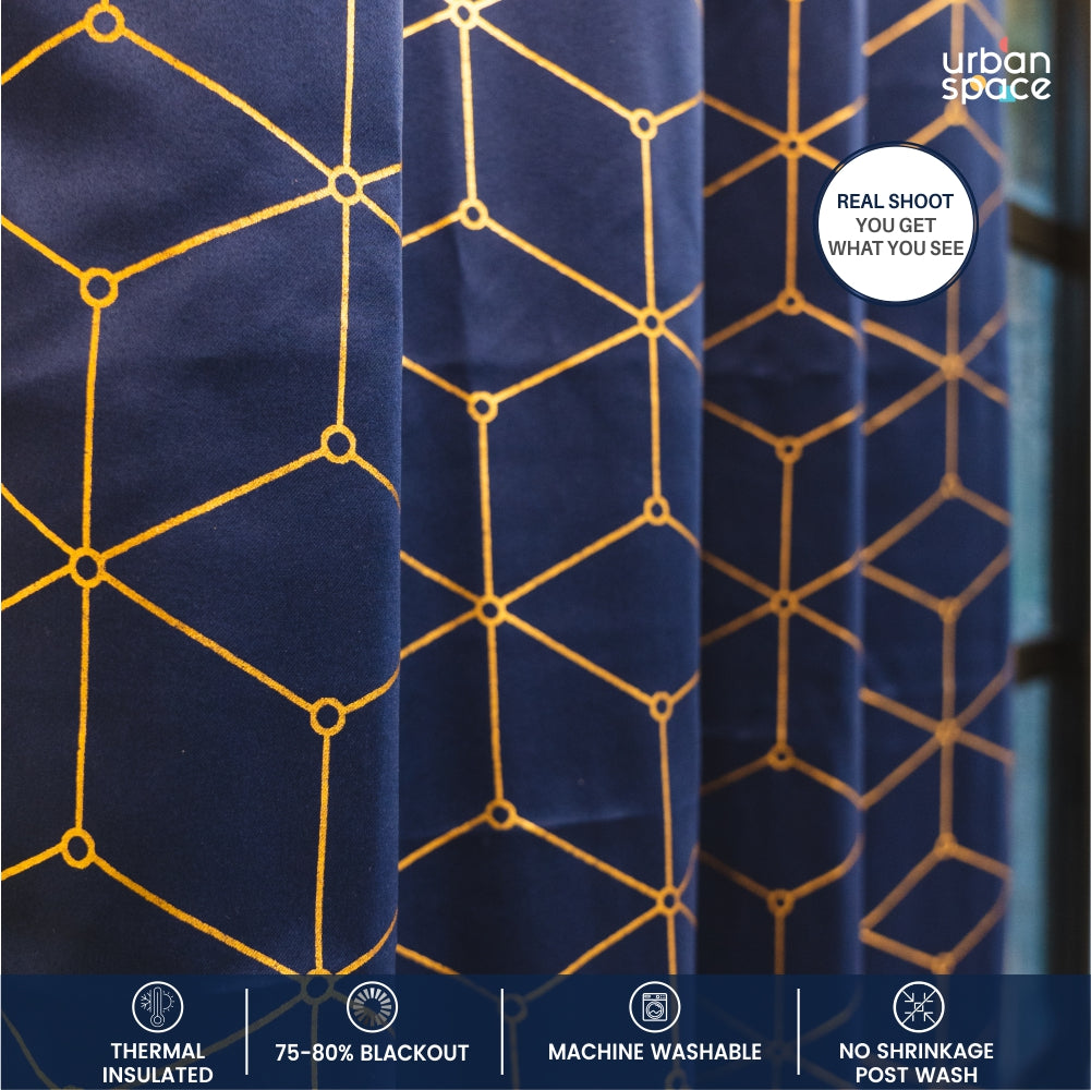 Urban Space -Home Furnishing Store Gold Foil Printed 80-85% Blackout Curtains - Pack of 1 Curtain - Navy Blue - view 3