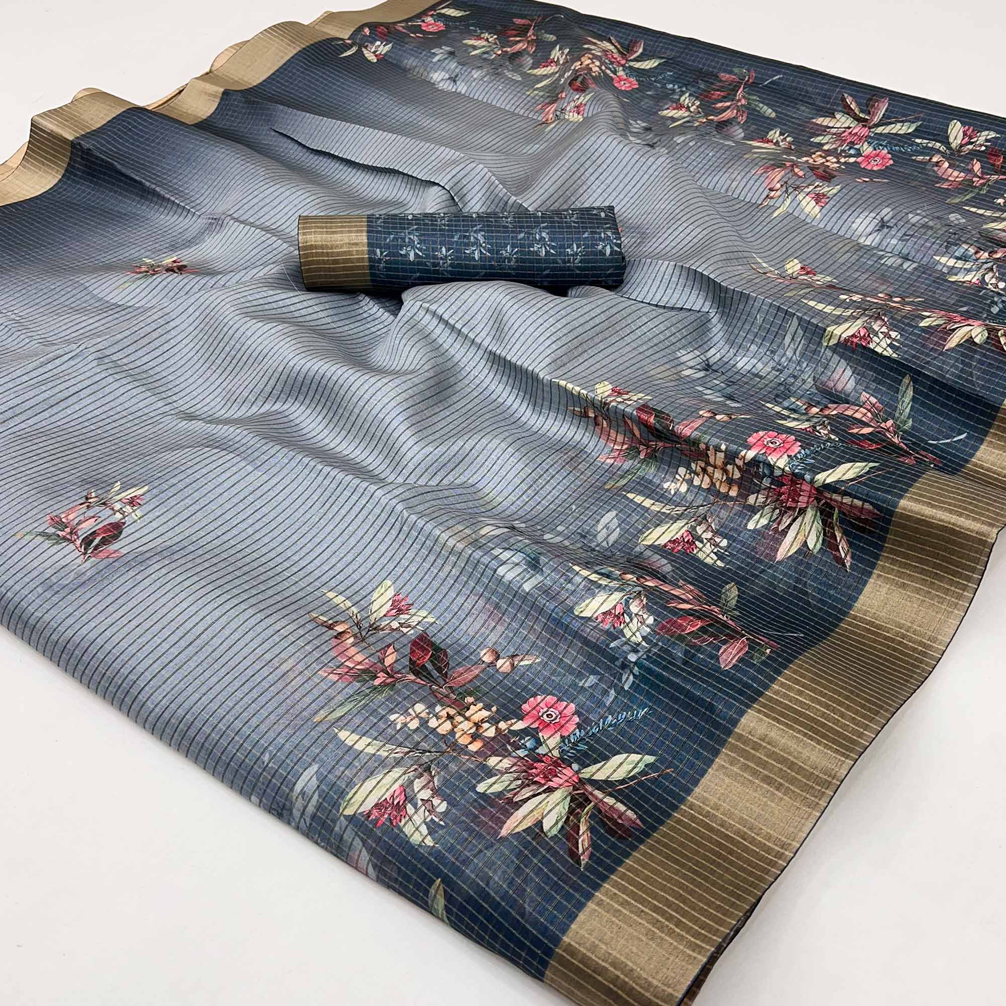 Peachmode Grey Striped & Floral Printed Cotton Silk Saree With Woven Border