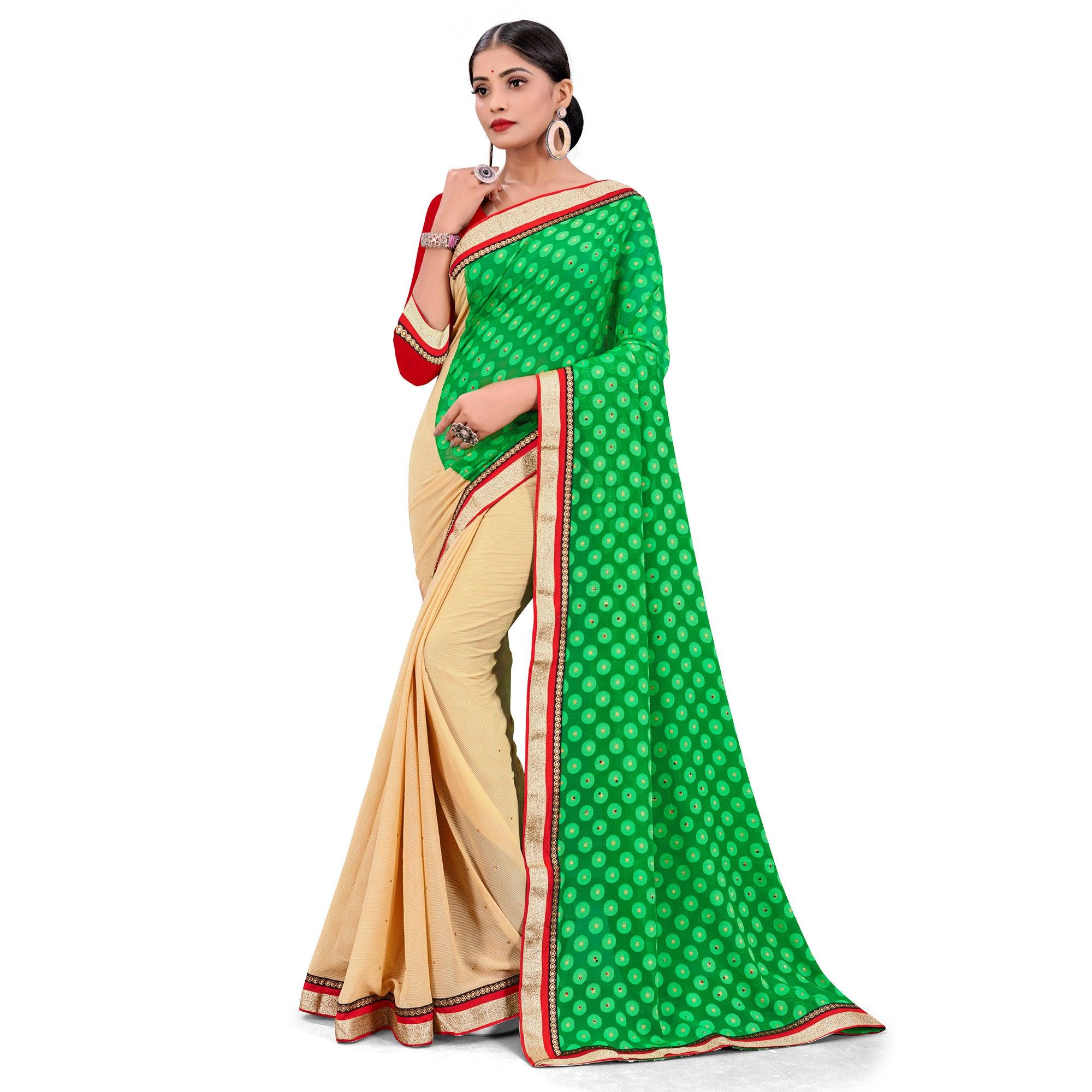 Peachmode Glorious Green Beige Colored Party Wear Georgette Half-Half Saree