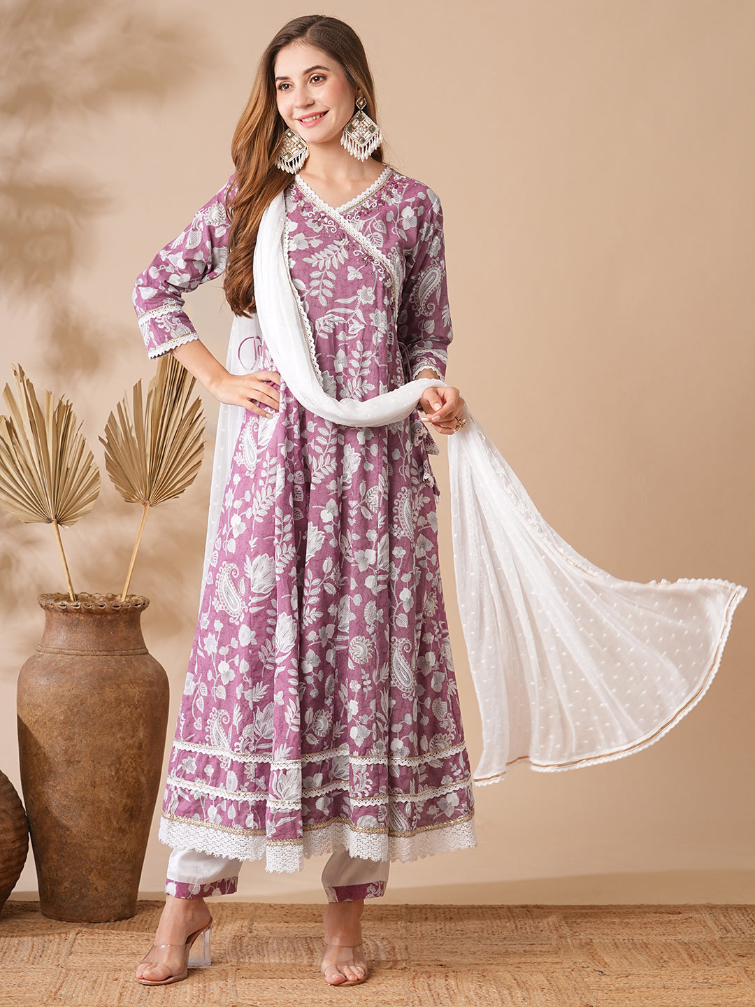 Fashor Floral Printed Stones & Pearl Embroidered Anarkali Kurta with Pants & Dupatta - Mauve - view 4