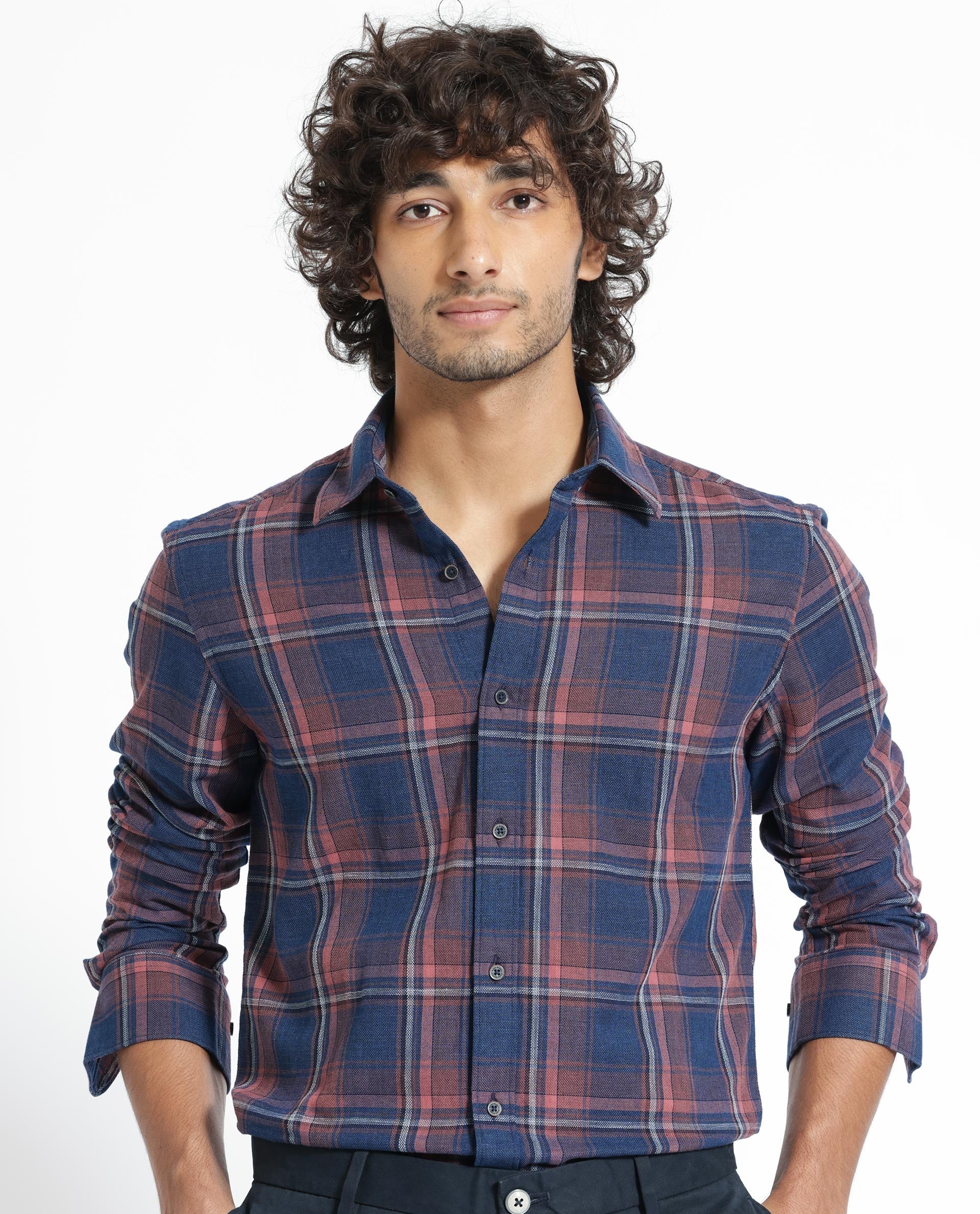 Rare Rabbit Men's Astl Navy Cotton Fabric Full Sleeves Checks Shirt