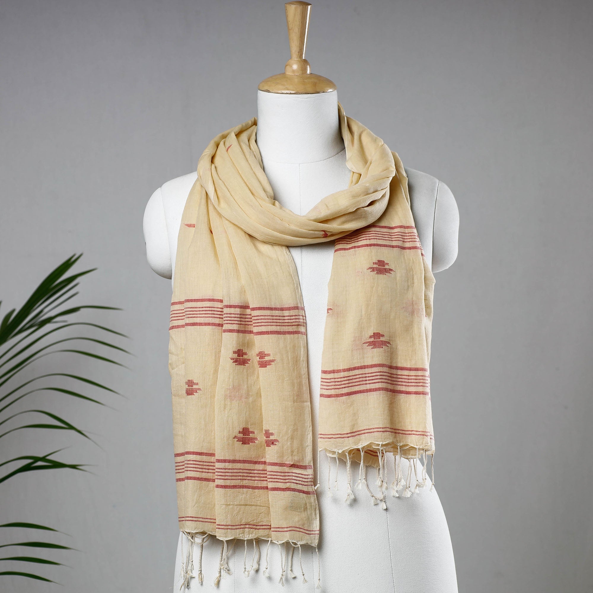 KHUSHBASH - HAPPY LOOM OF EAST Beige - Burdwan Jamdani Buti Handloom Cotton Stole with Tassels