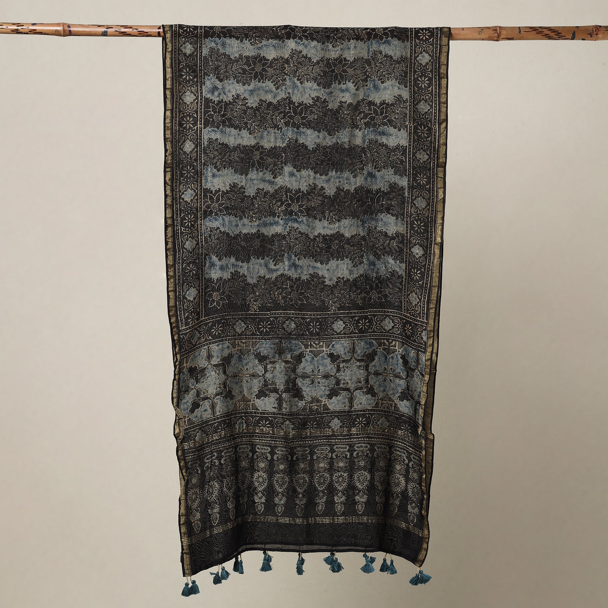 AJRAKH BY SUFIYAN ISMAIL KHATRI Black - Ajrakh Hand Block Printed Chanderi Silk Handloom Stole with Tassels - view 2