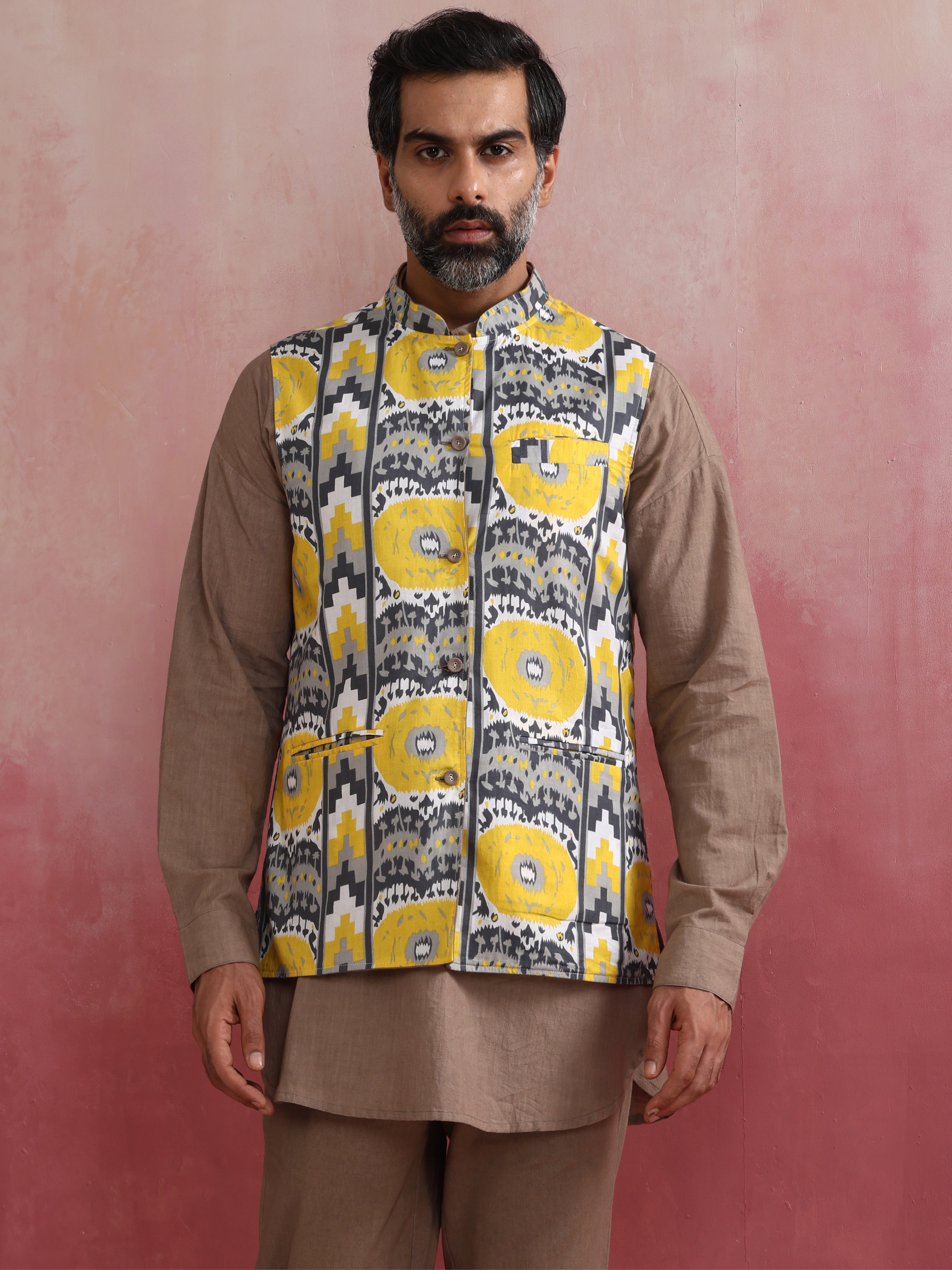 trueBrowns Men's Beige Ikat Reversible Nehru Jacket - view 2