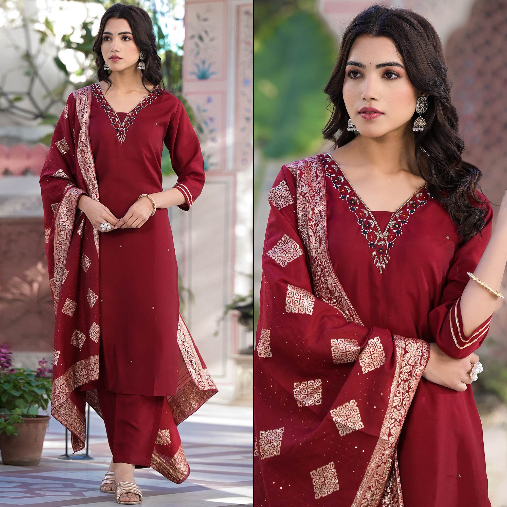 Peachmode Maroon Embroidered Pure Silk Straight Salwar Suit