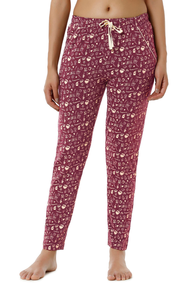 Amante Full Length PJ Bottom - Burgundy Coffee Print