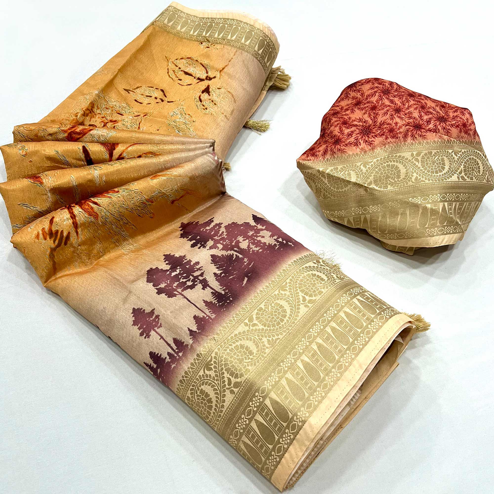 Peachmode Cream Digital Printed Dola Silk Saree With Woven Border
