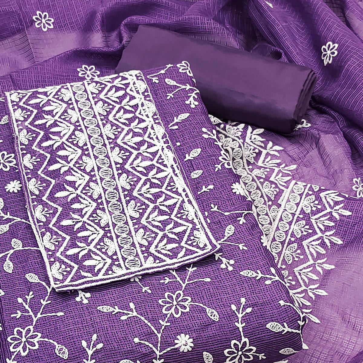 Peachmode Lavender Floral Embroidered Kota Doria Dress Material - view 2