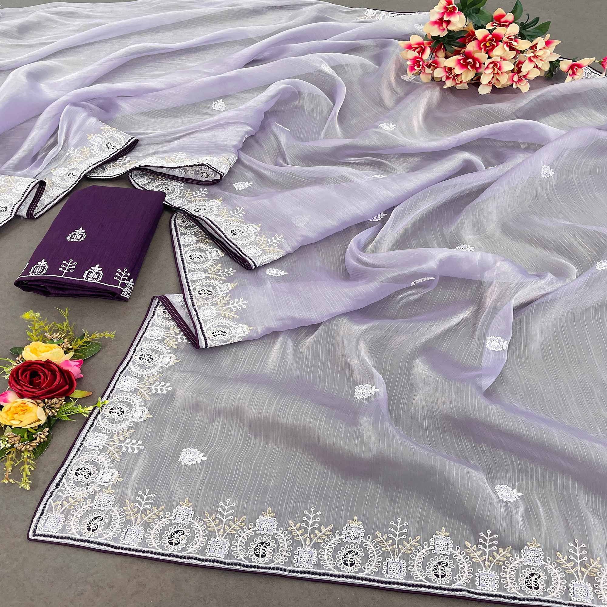 Peachmode Lavender Sequins Embroidered Chiffon Silk Saree