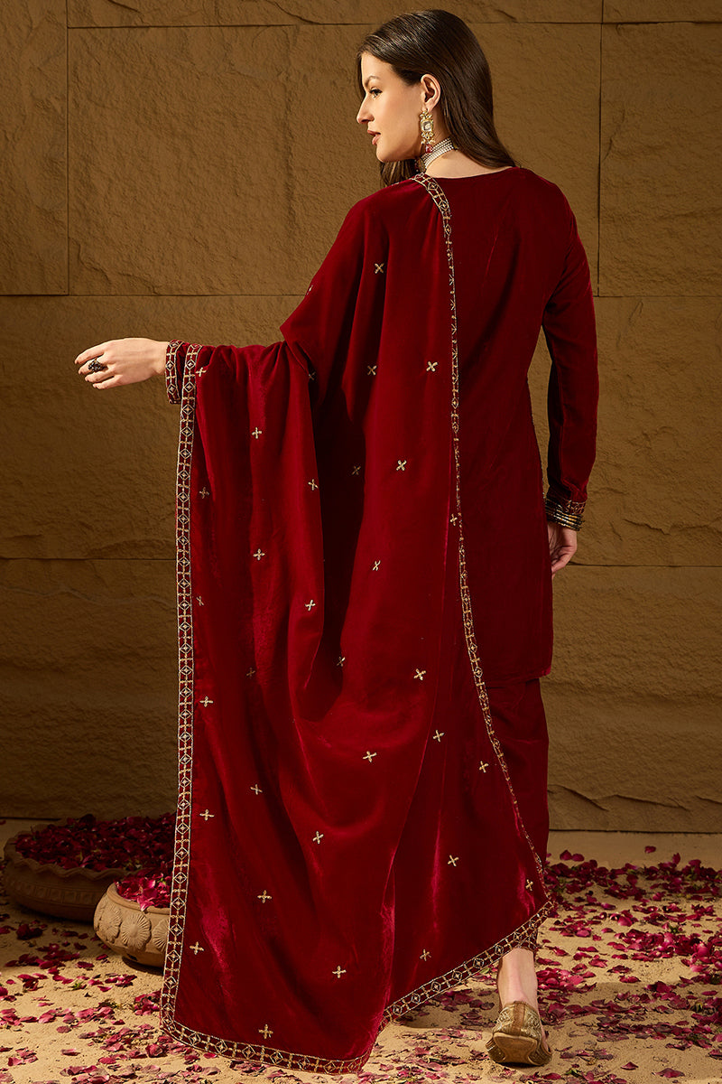 Ahika Red Velvet Solid Embroidered Straight Palazzo Suit Set PKSKD2275 - view 4