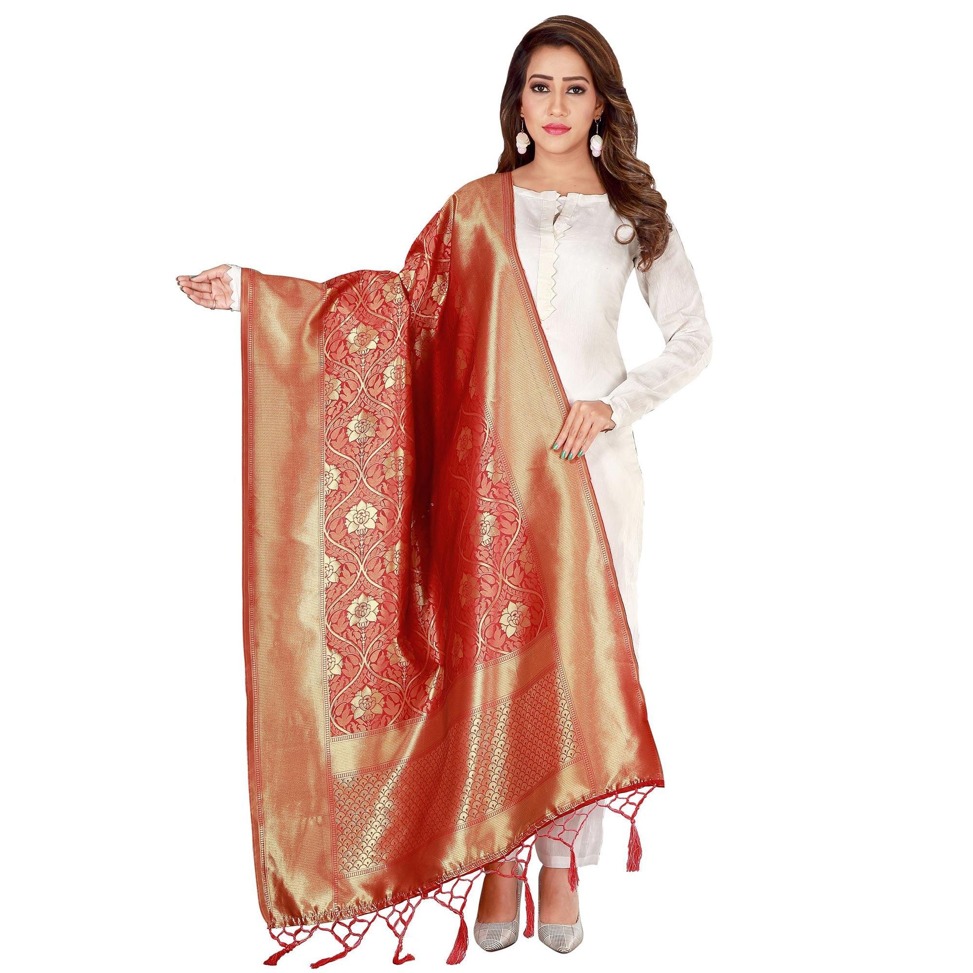 Peachmode Seller Jazzy Red Colored Festive Wear Banarasi Silk Dupatta