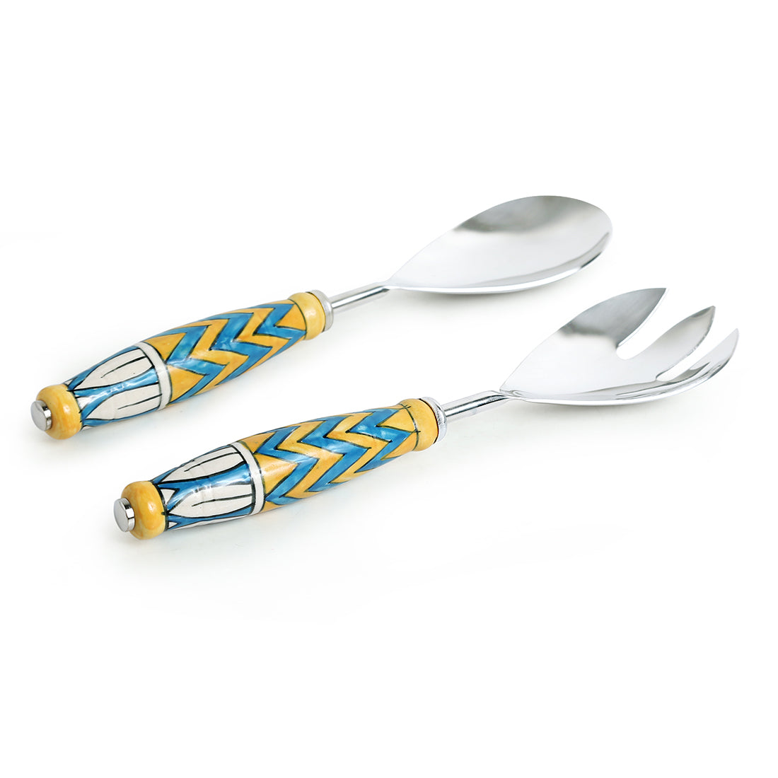 EXCLUSIVELANE 'The Mughal Paich Daar' Handpainted Serving Spoon & Fork Set In Stainless Steel & Ceramic (Set of 2) - view 2