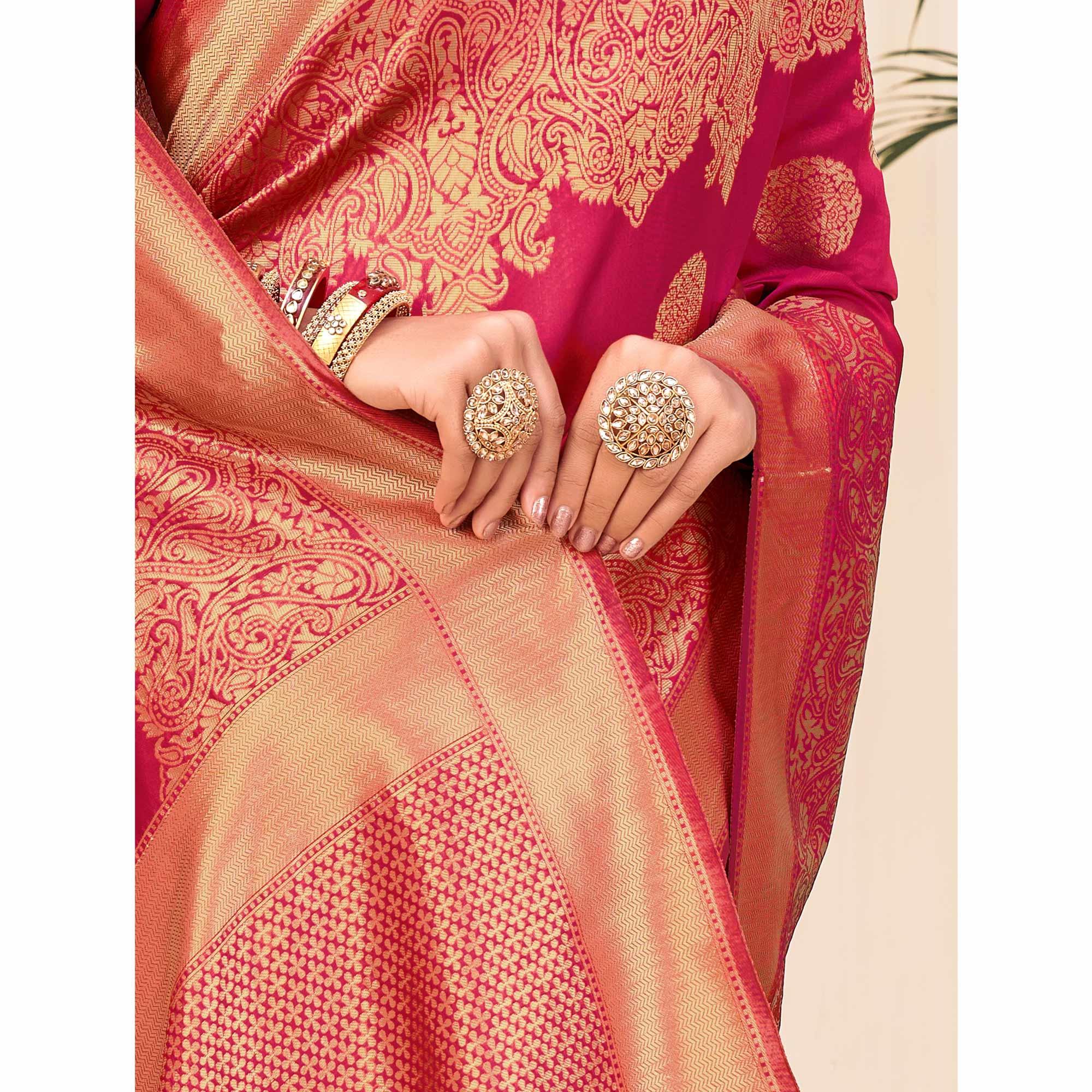 Peachmode Dark Pink Festive Wear Woven Banarasi Silk Saree - view 3