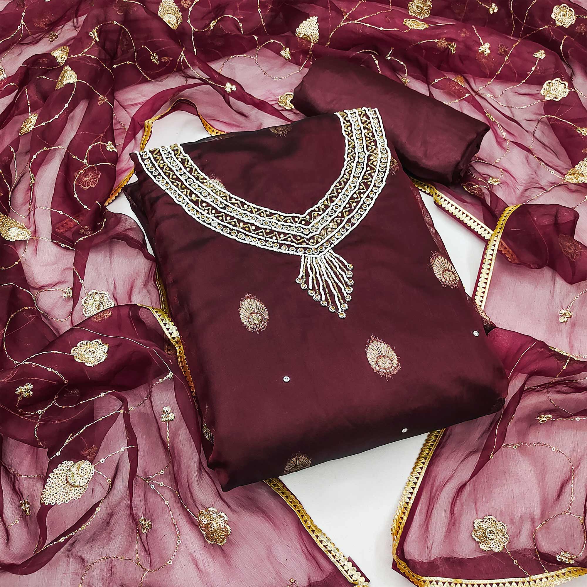 Peachmode Maroon Floral Woven Organza Dress Material