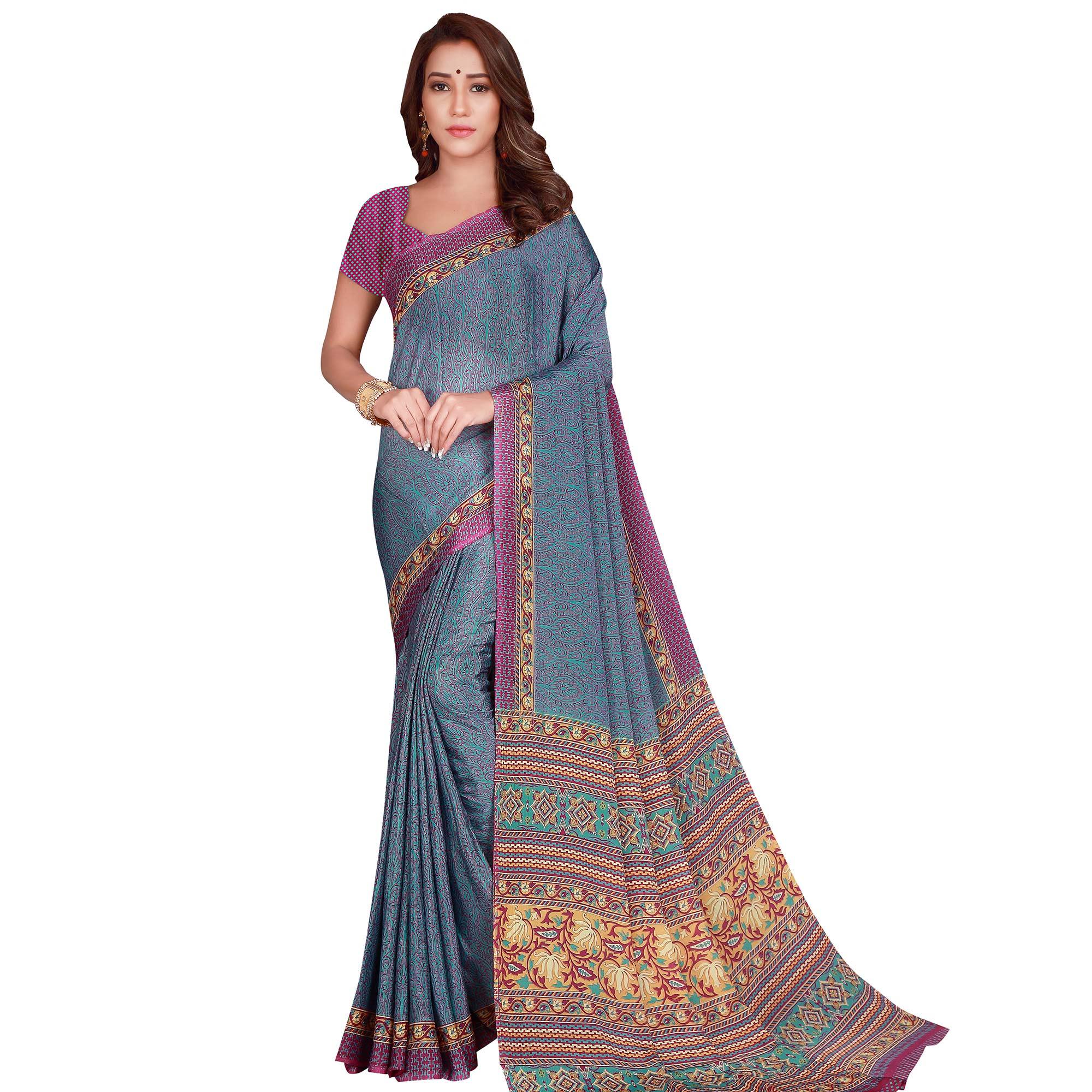 Peachmode Groovy Blue Colored Casual Wear Printed Silk Crepe Saree