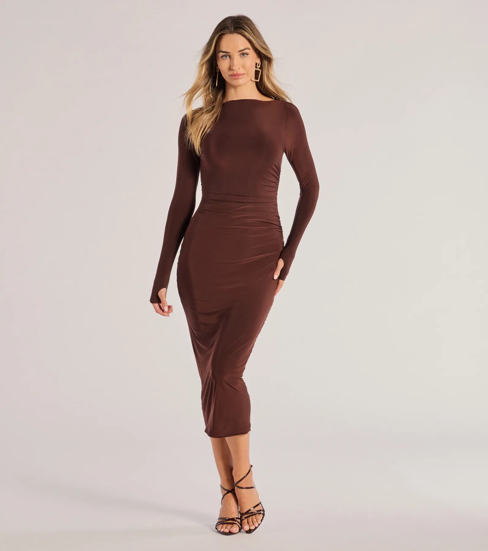 Windsor Sleek Vibes Long Sleeve Ruched Midi Dress