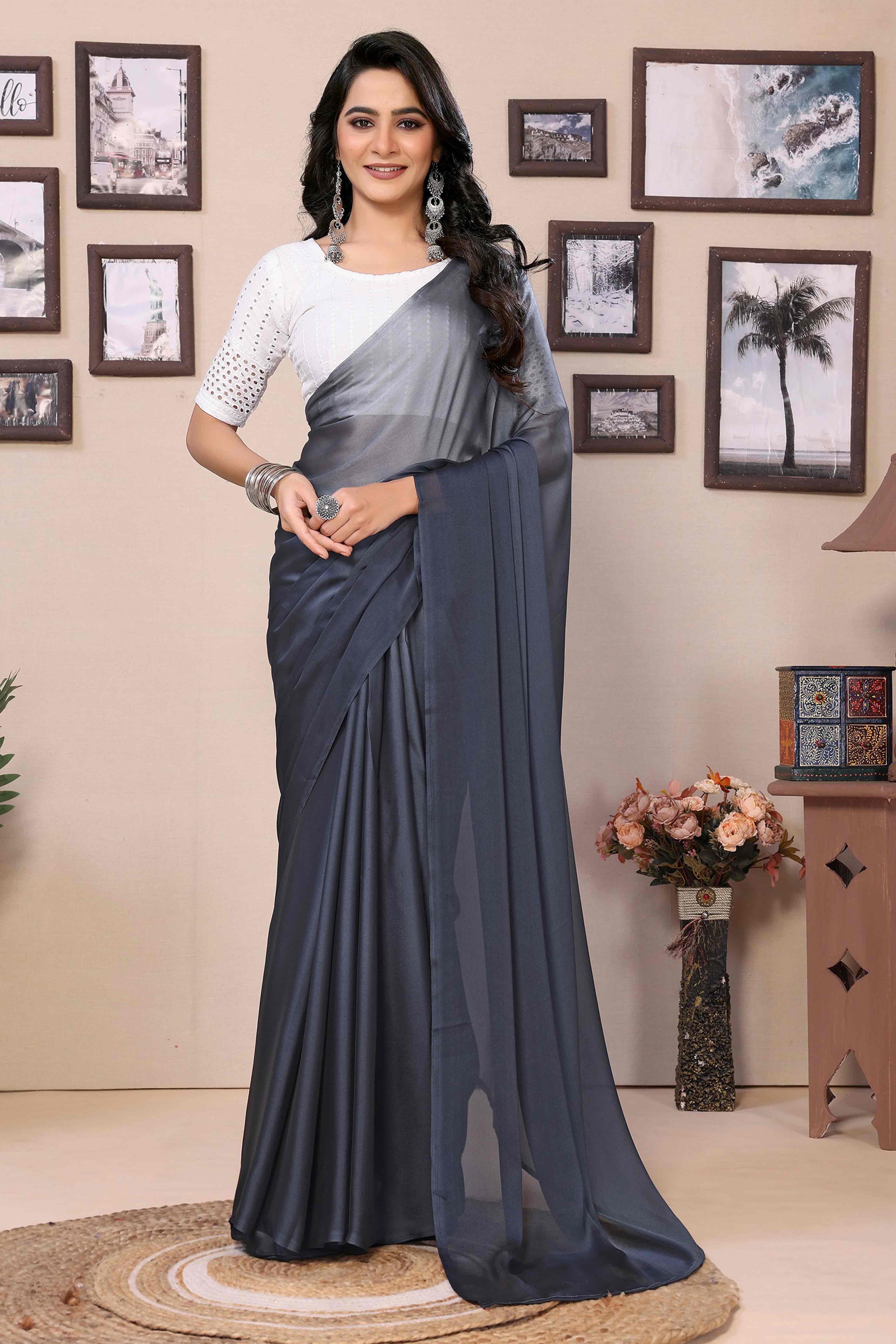 Peachmode Seller Grey Solid Satin Ready To Wear Ombre Saree