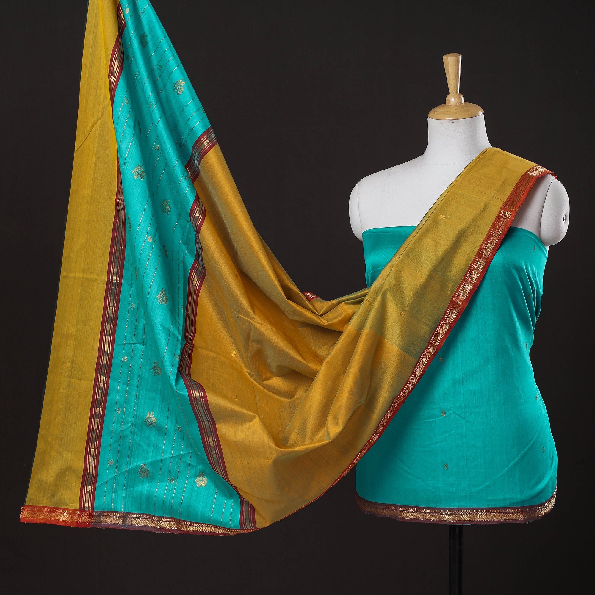 ITOKRI CRAFTS INITIATIVE Blue - 3pc Chanderi Silk Handloom Nakshi Zari Suit Material Set