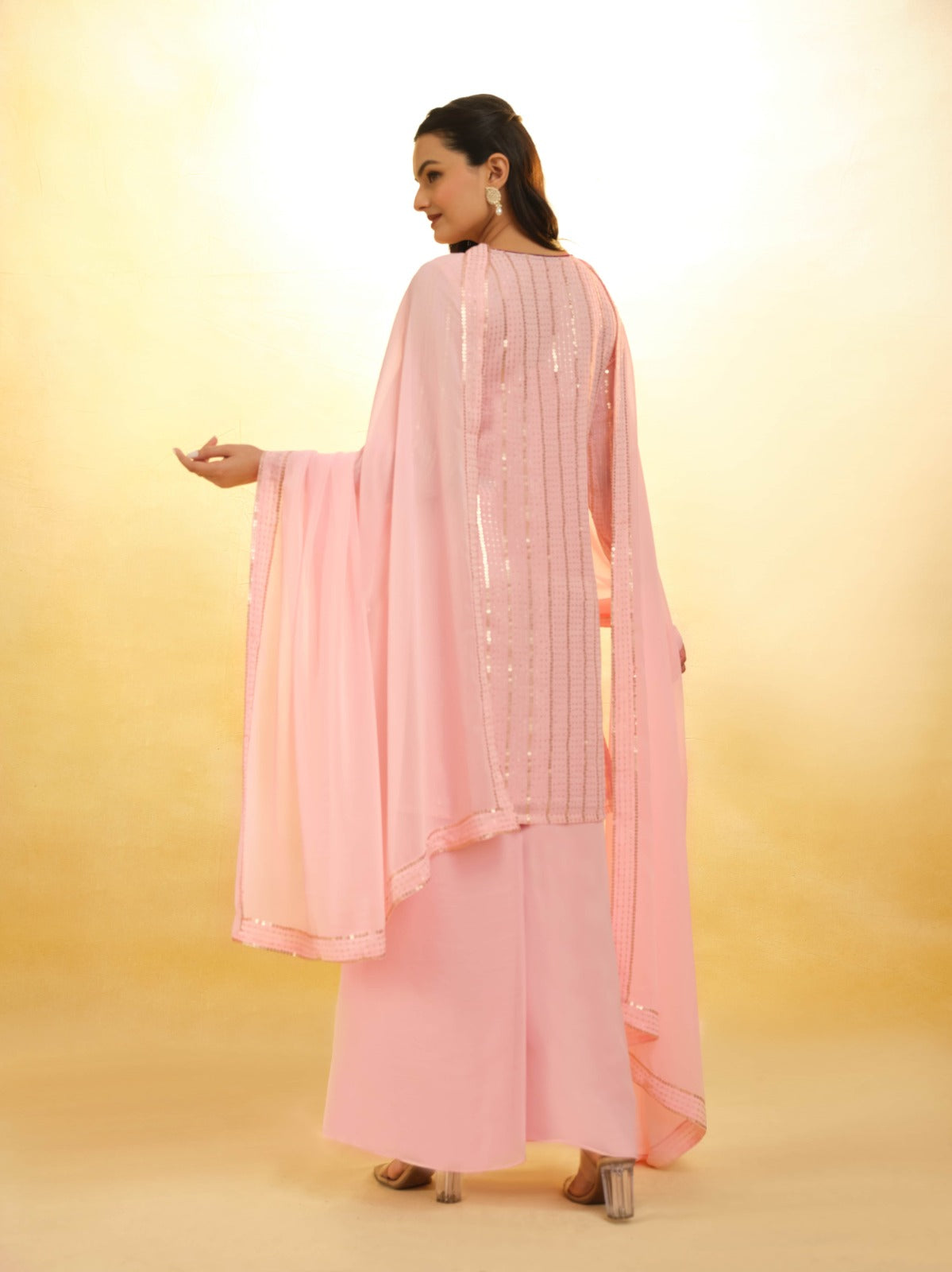 ClothsVilla Peach Georgette Suit with Embroidery and Shantoon Bottom - view 6