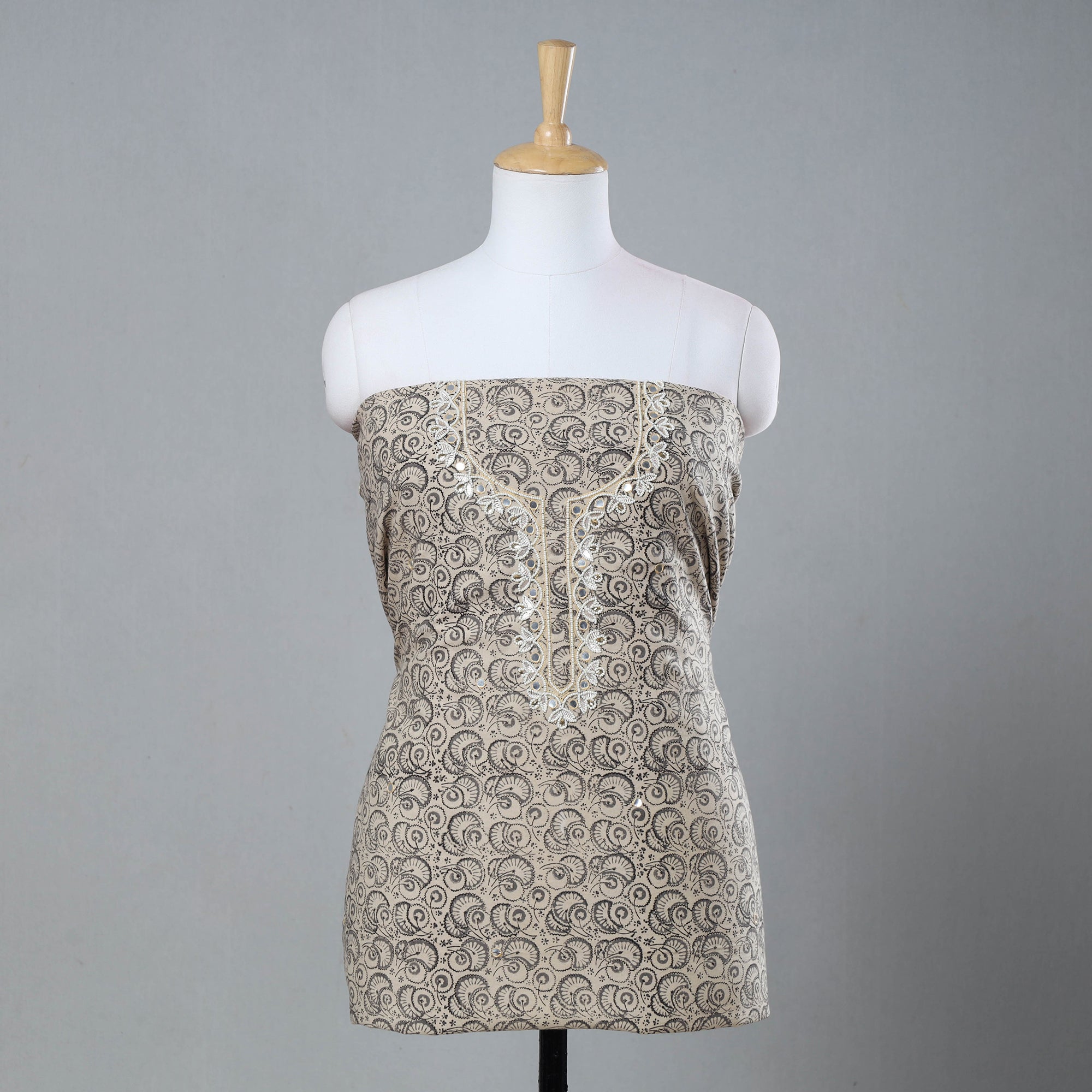 NOORI BAZAR Beige - Bead Work Embroidery Kalamkari Block Printed Cotton Kurta Material - 2.5 meter