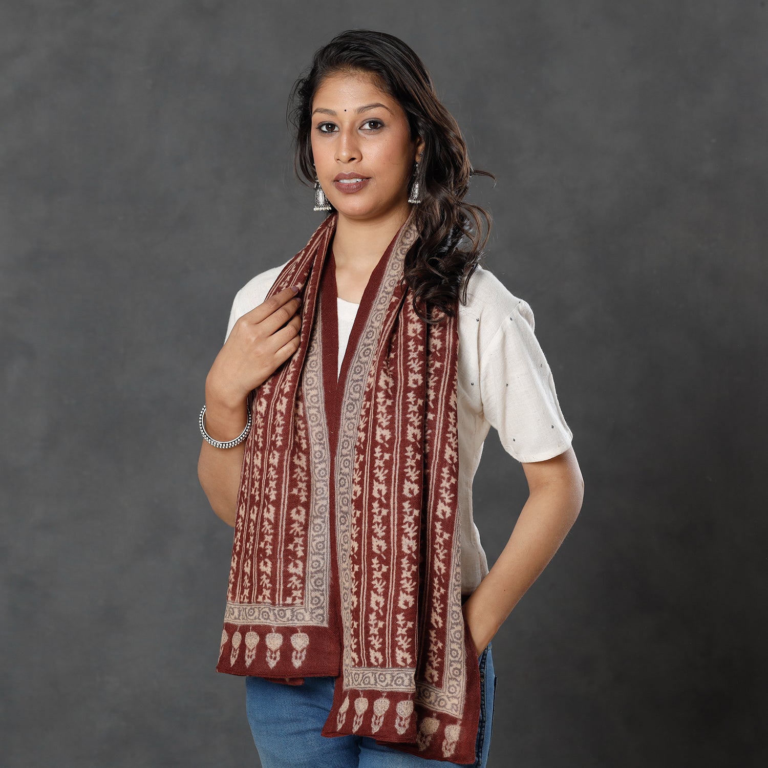 BAGH PRINTS BY MOHAMMED BILAL KHATRI Brown - Bagh Block Printed Natural Dyed Woolen Muffler (61 in)