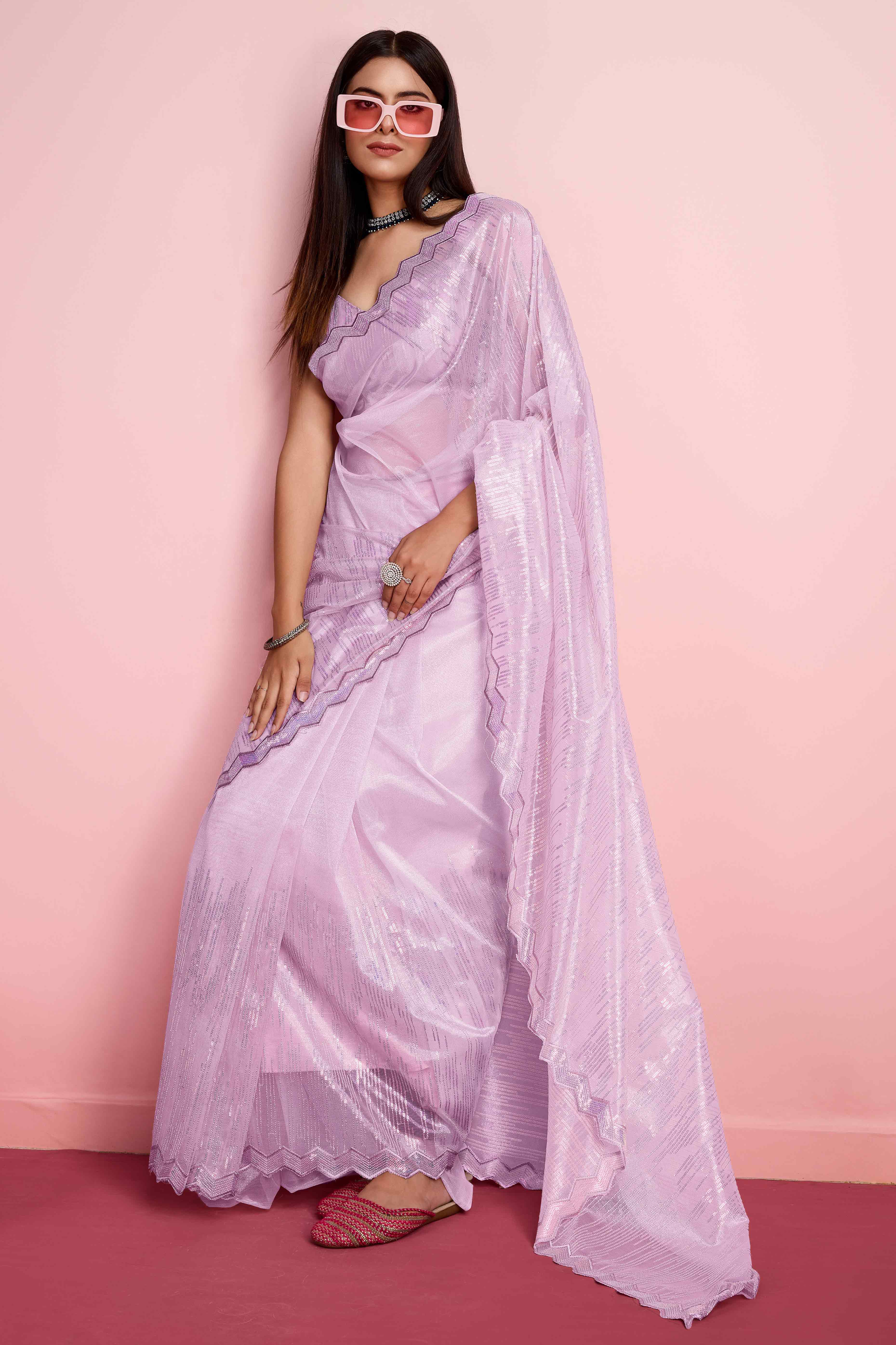 Peachmode Lavender Sequins Embroidered Silver Twill Net Saree
