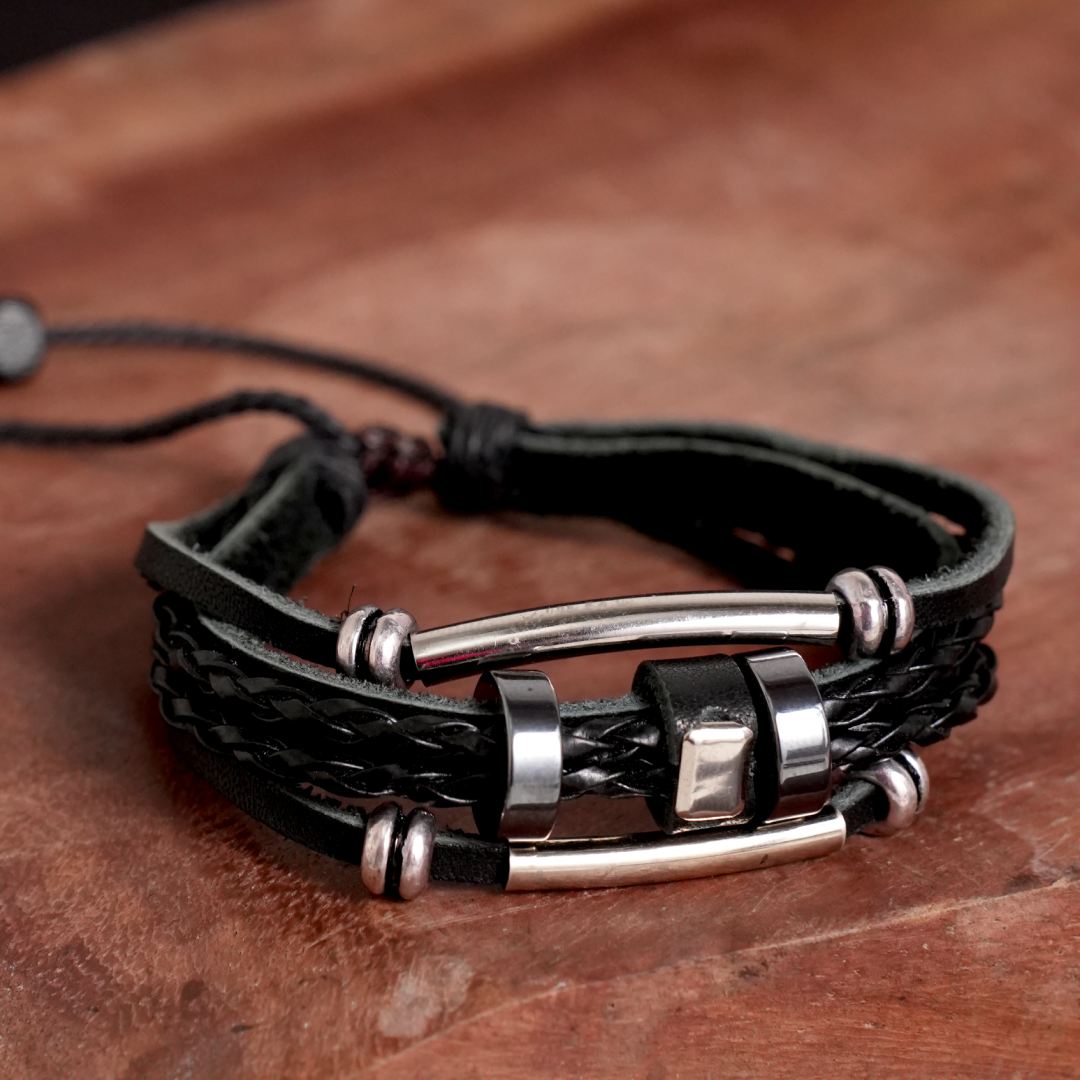 Bigsmall Black Leather Bracelets With Rings