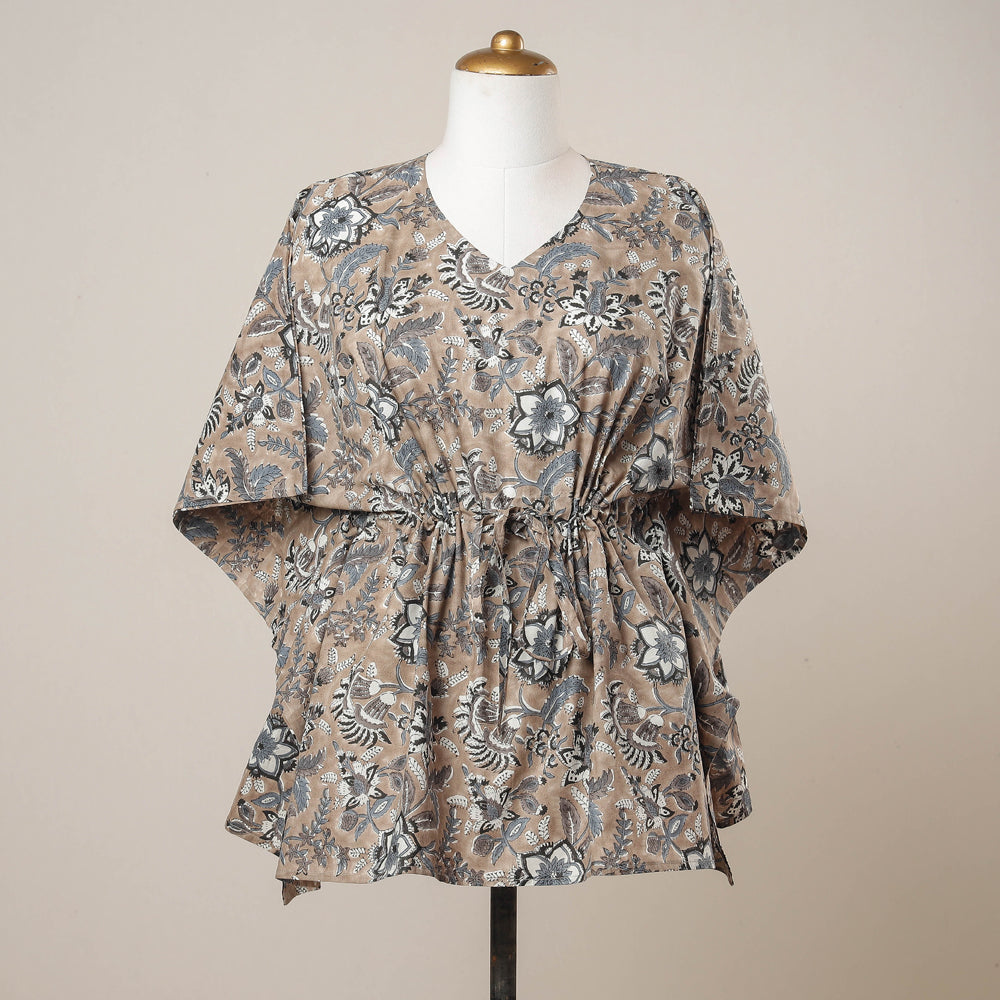 CHUTNEY CRAFT STUDIO Brown - Sanganeri Printed Cotton Kaftan with Tie-Up Waist (Short)