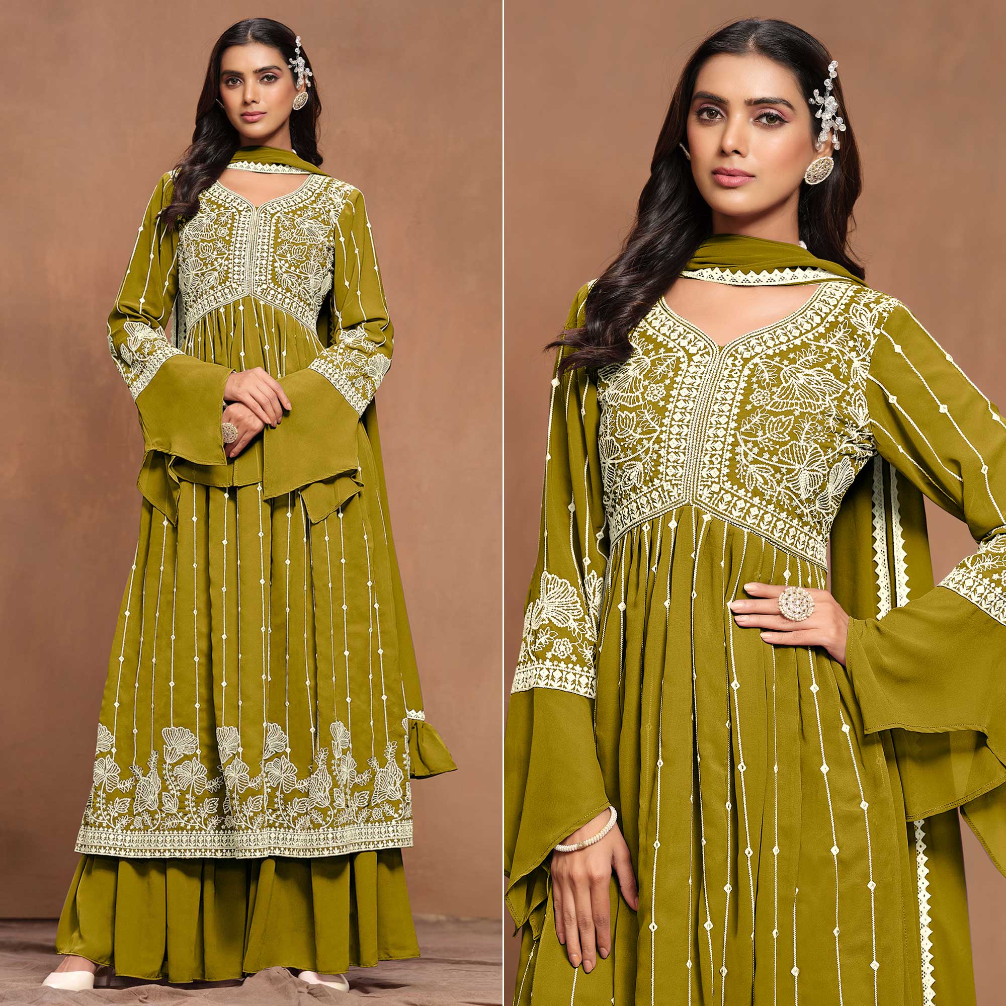 Peachmode Dark Mustard Floral Embroidered Georgette Semi Stitched Alia Cut Sharara Suit