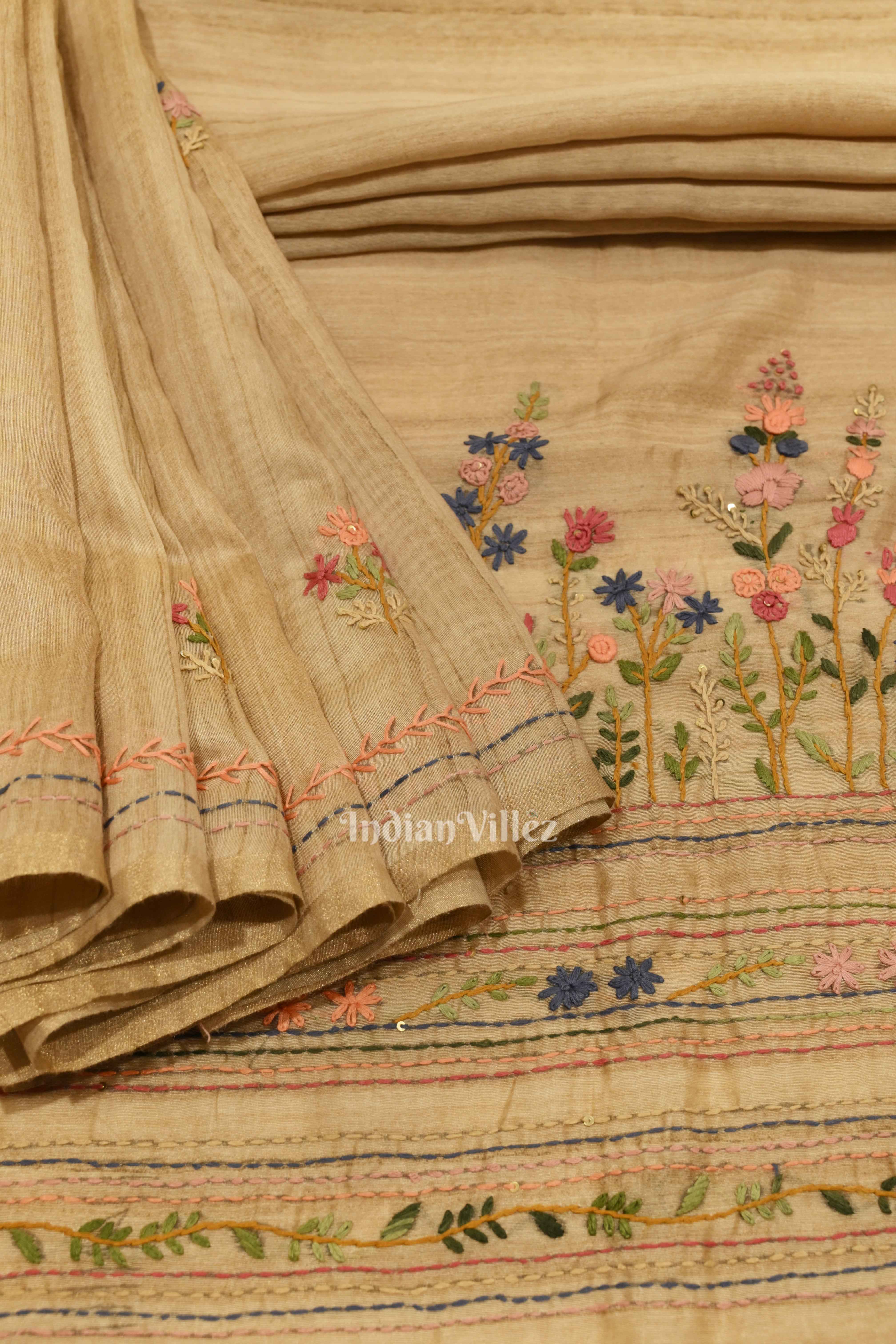 IndianVillèz Off White Multi Color Flower Tussar Banarasi Silk Saree