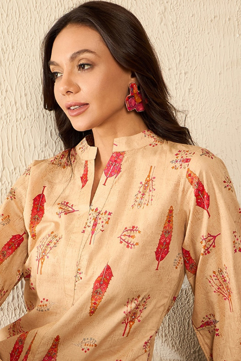 Ahika Beige Cotton Blend Floral Printed Regular Kurti Tunics VT1329