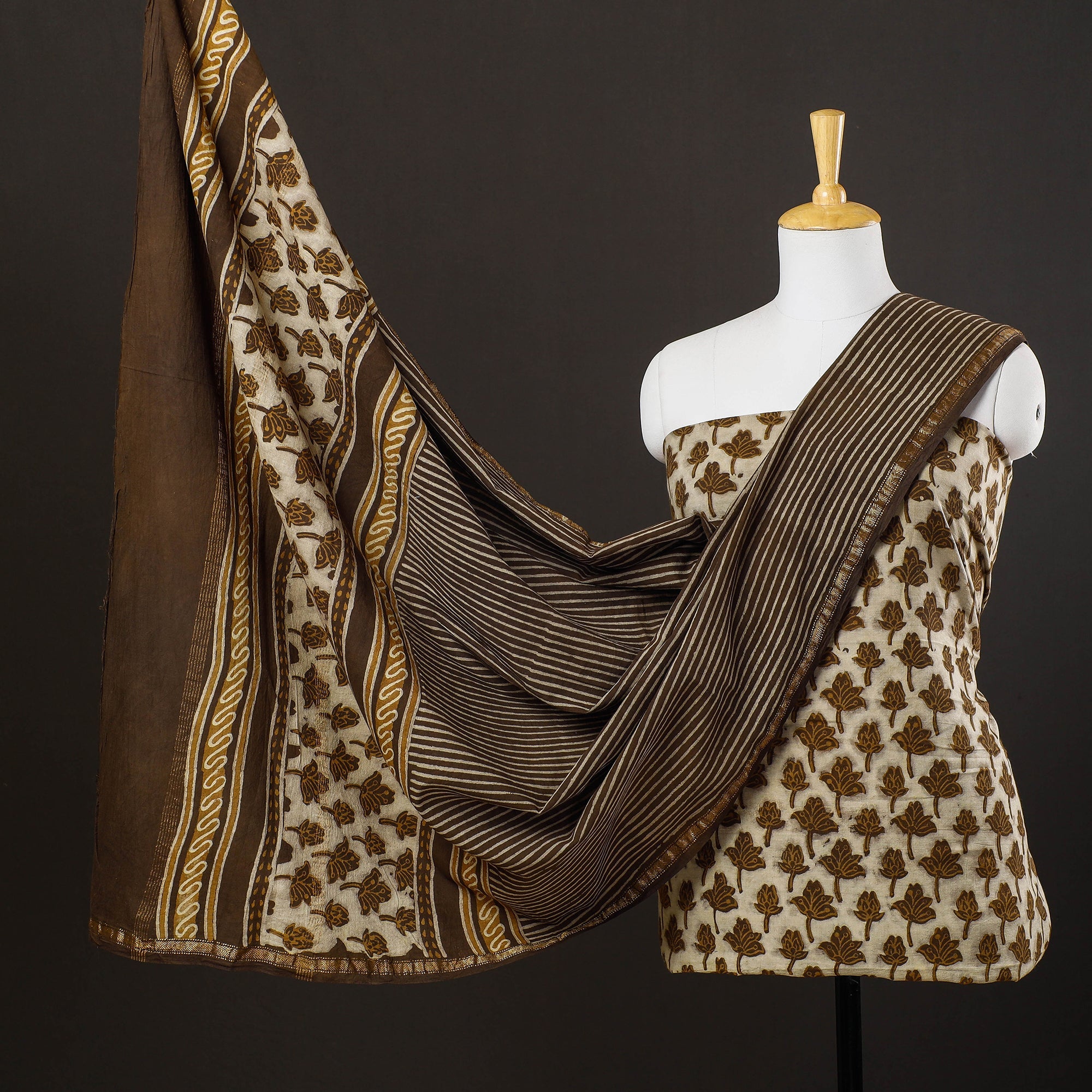 HAVELI CHRONICLES Brown - 3pc Akola Block Printed Cotton Suit Material Set